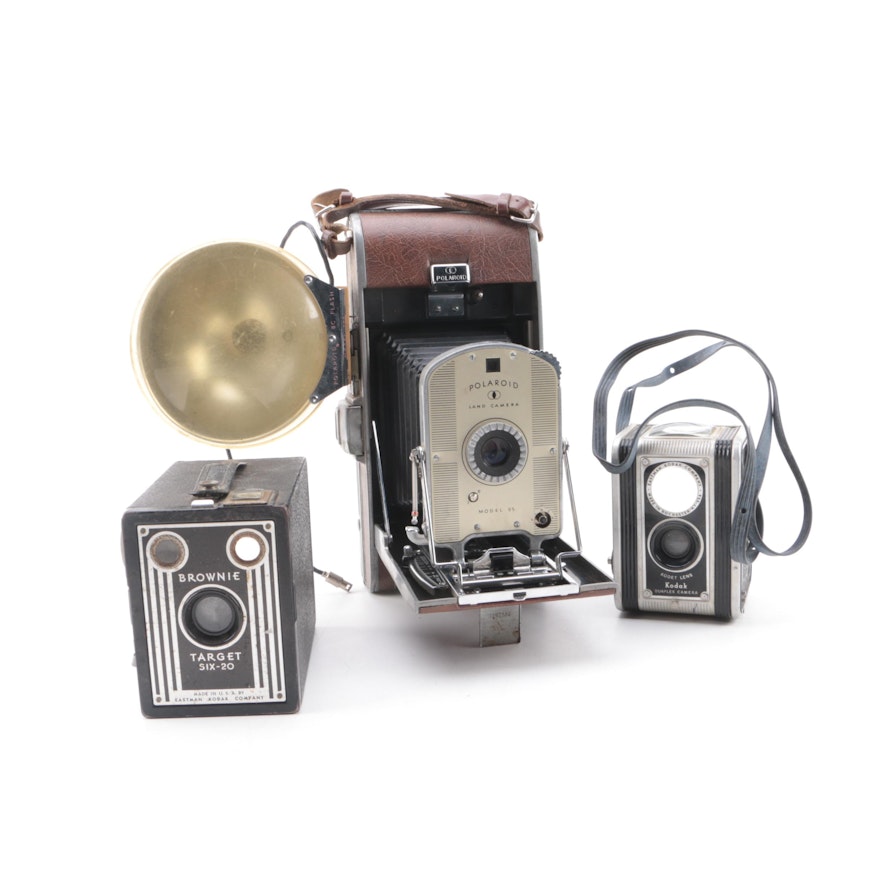 Vintage Polaroid Model 95 Land Camera with Kodak Box and TLR Cameras