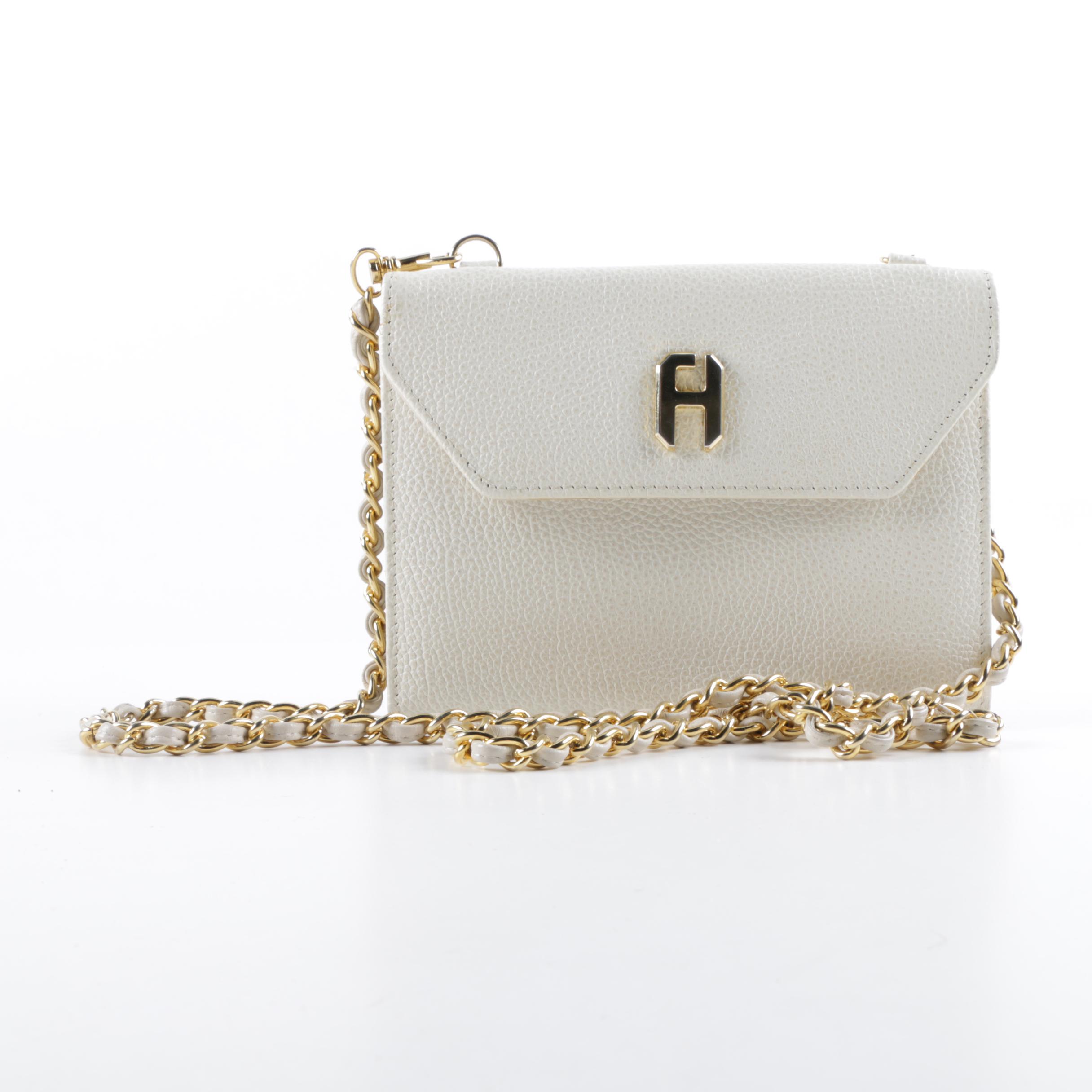 Vintage White Leather Handbag with Gold Tone Chain and Interlaced Leather Strap