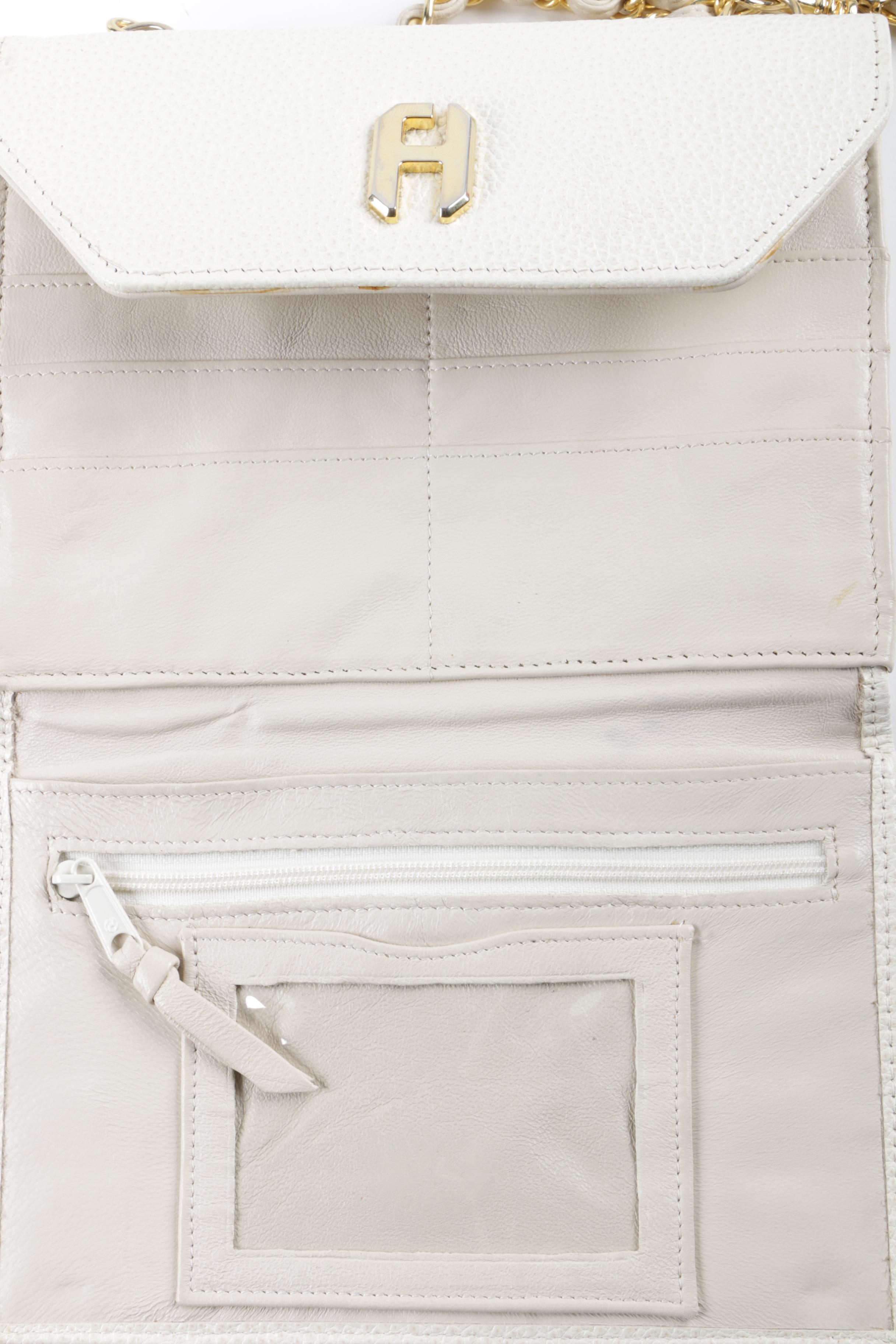 Vintage White Leather Handbag with Gold Tone Chain and Interlaced Leather Strap