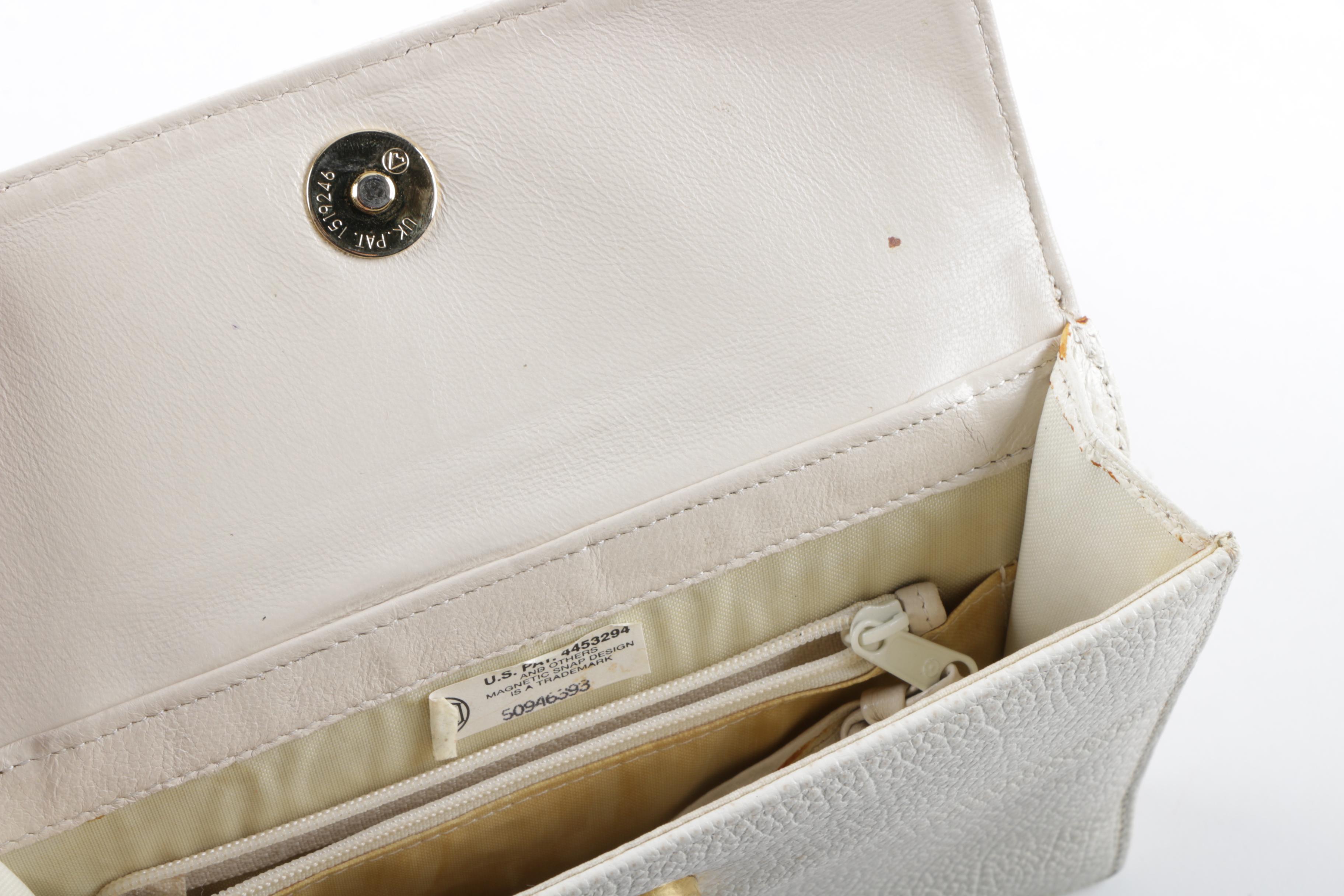 Vintage White Leather Handbag with Gold Tone Chain and Interlaced Leather Strap