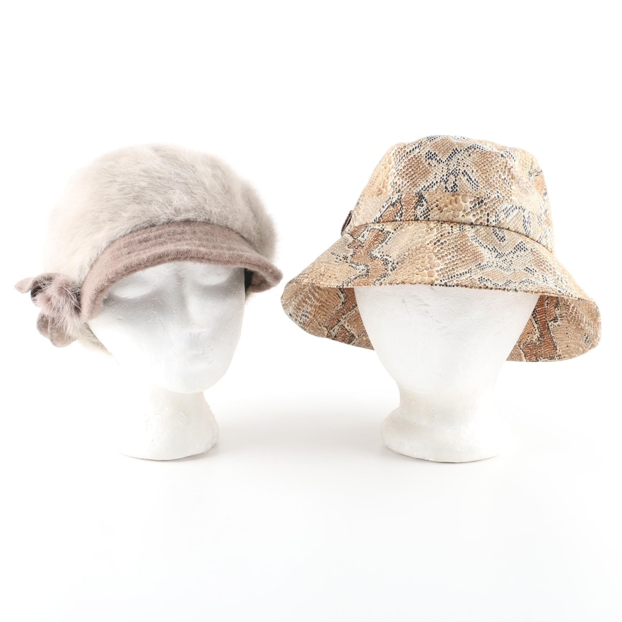 Women's Burberry London Python Print Bucket Hat and Angora and Wool Cap