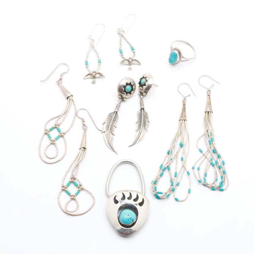 Southwestern Style Sterling Silver Turquoise Jewelry Including Liquid Silver