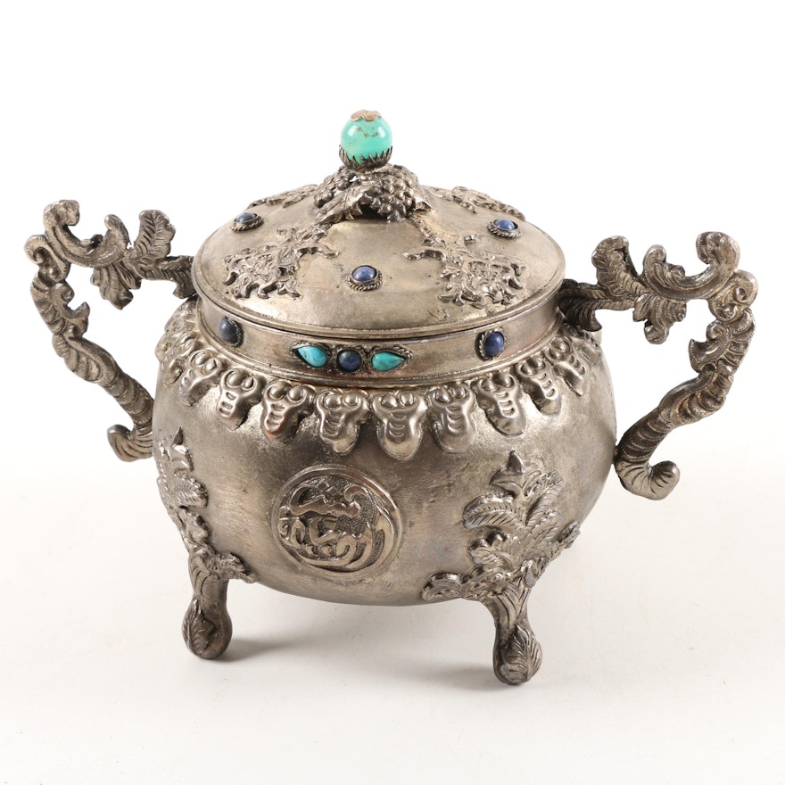 Vintage Sino-Tibetan Metal, Glass and Resin Sugar Bowl