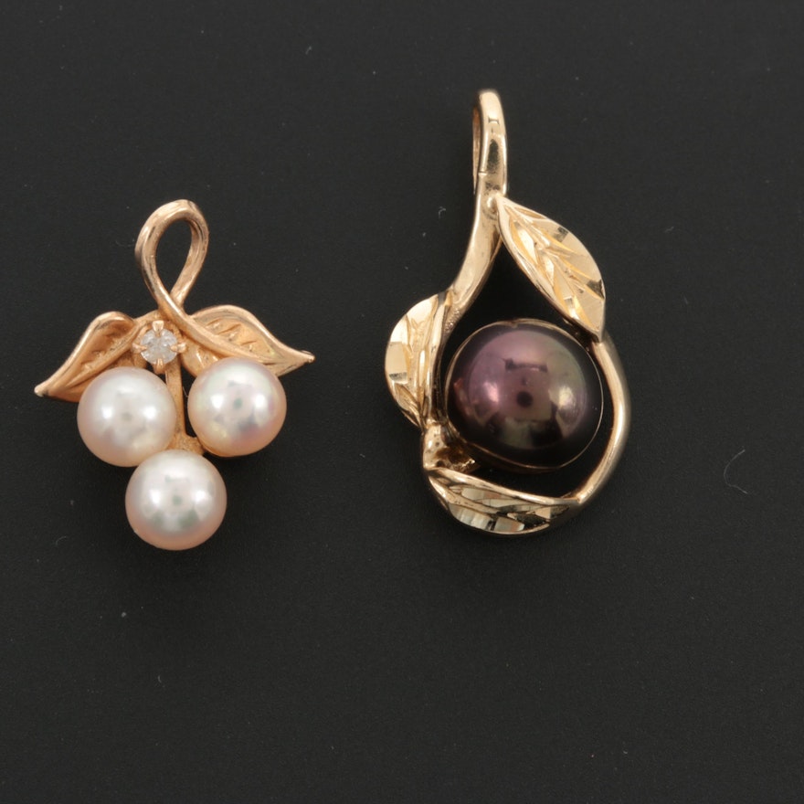 14K Yellow Gold Cultured Pearl and Diamond Pendants