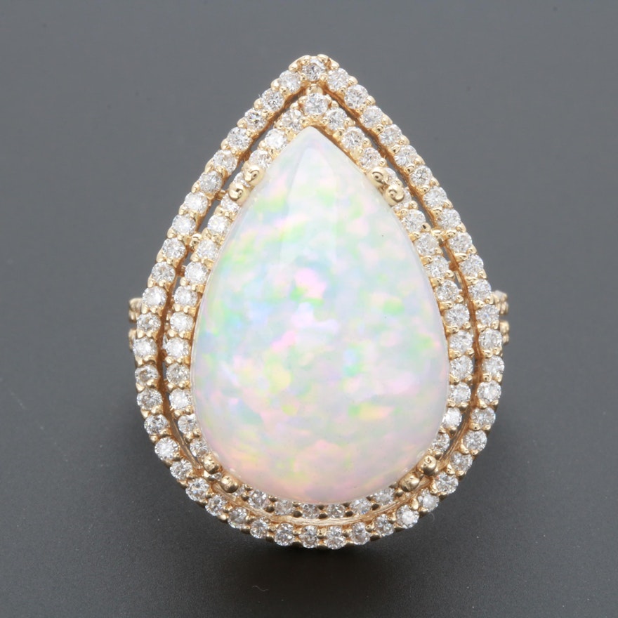 14K Yellow Gold Opal and 1.14 CTW Diamond Ring