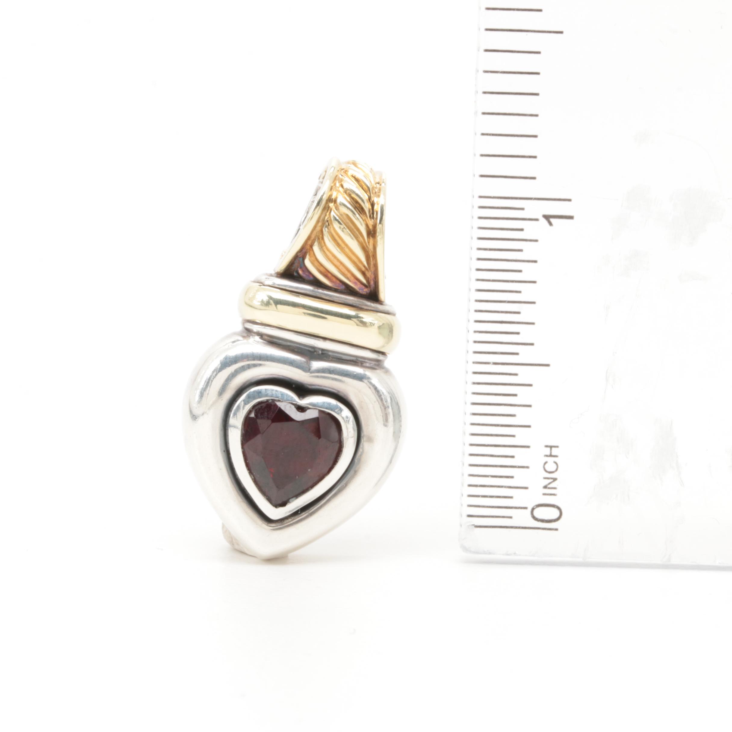 David Yurman Sterling Silver and 14K Gold Garnet Heart Enhancer Pendant
