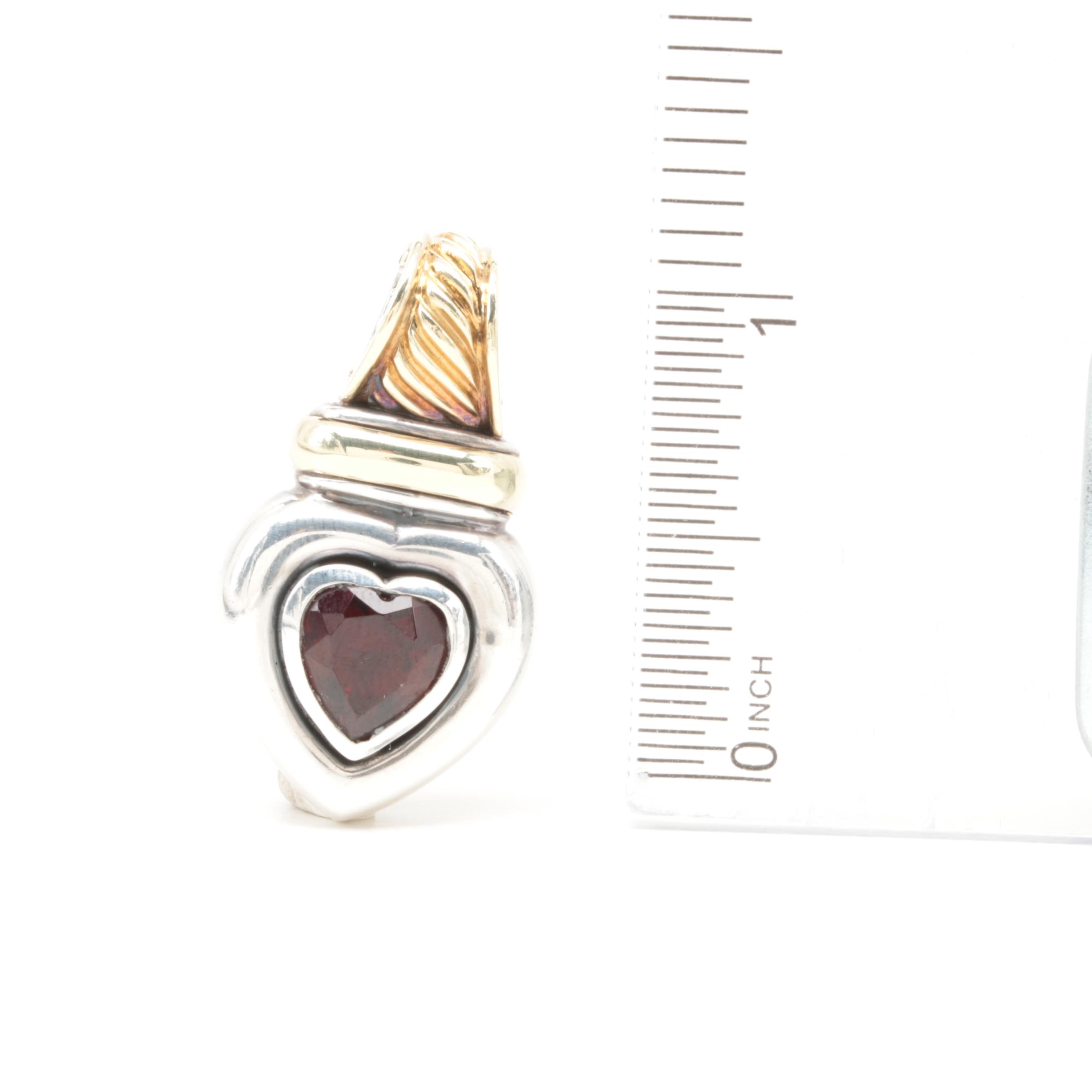 David Yurman Sterling Silver and 14K Gold Garnet Heart Enhancer Pendant