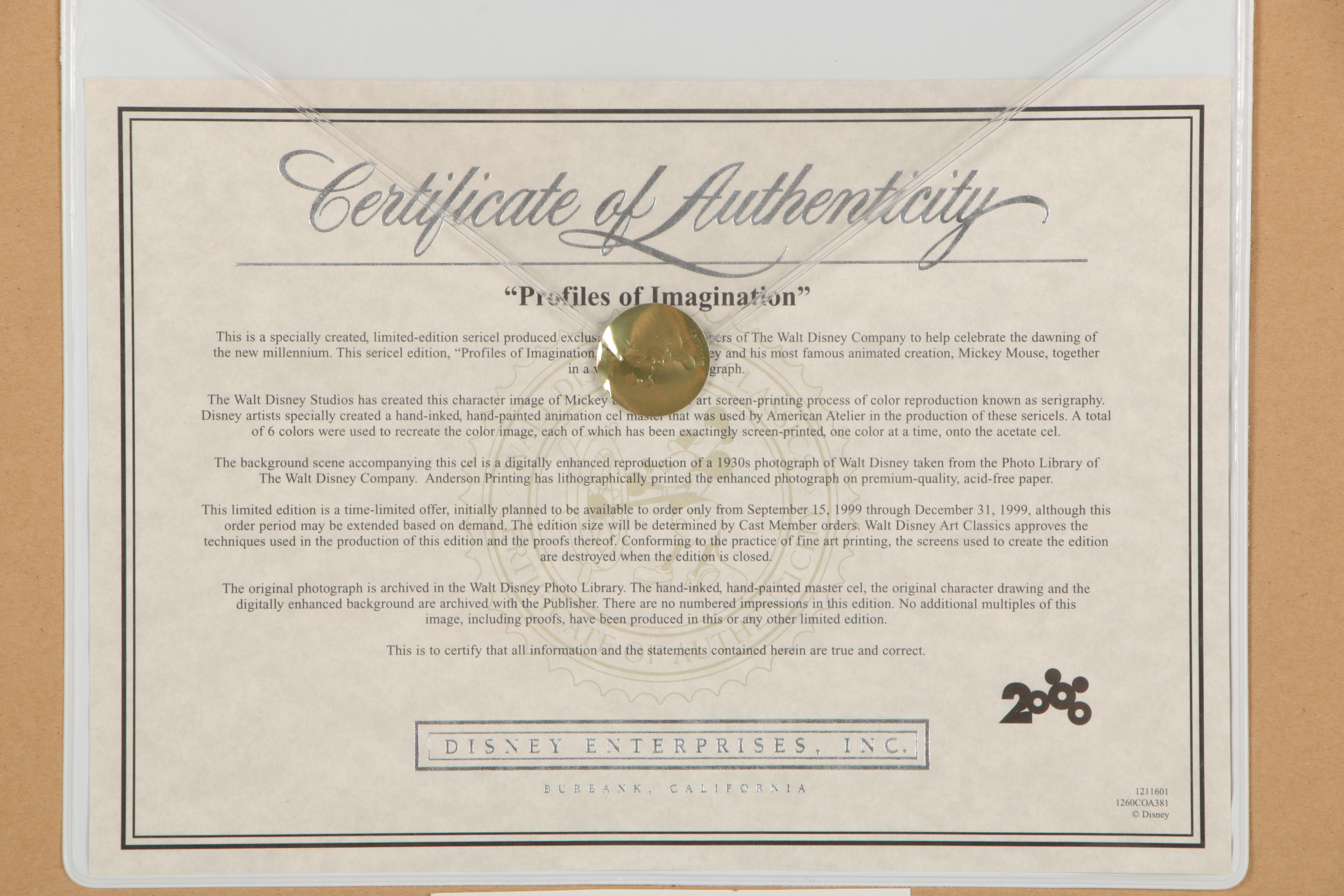 1999 Limited Edition Disney Sericel "Profiles of Imagination"