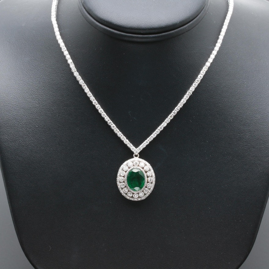 18K White Gold Emerald and 3.82 CTW Diamond Pendant Necklace