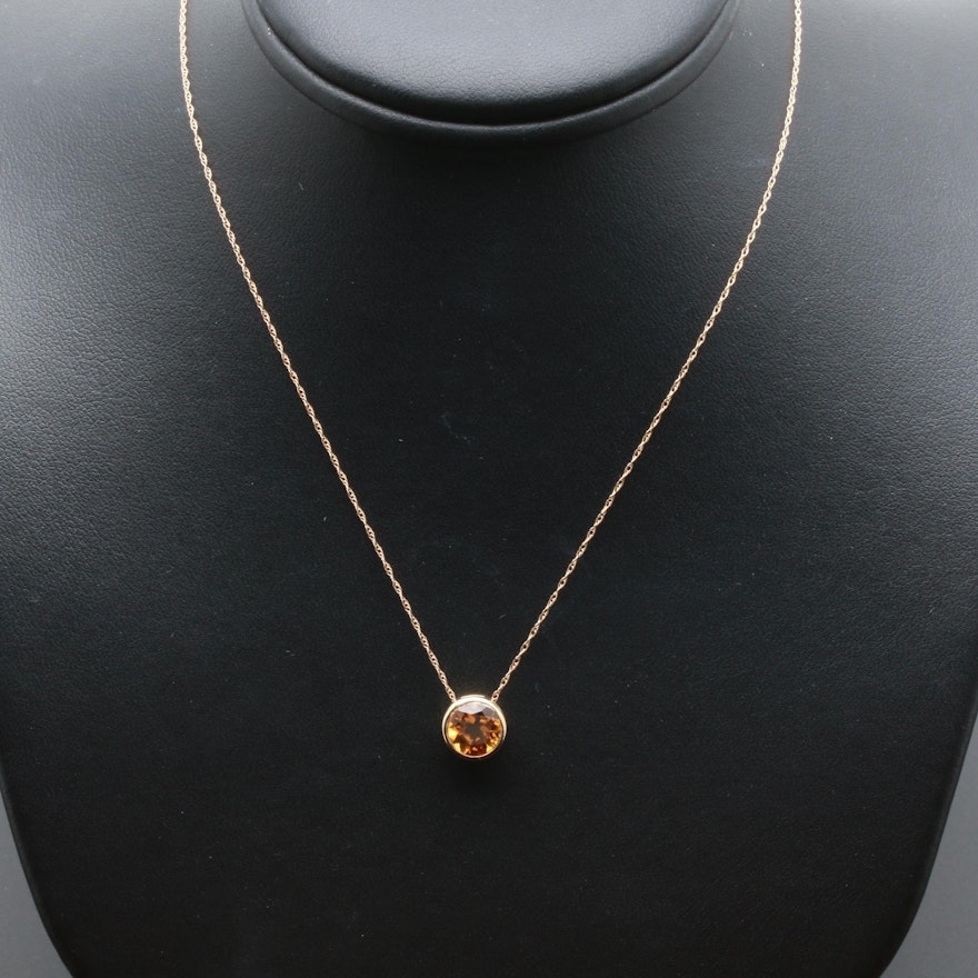 14K Yellow Gold Citrine Solitaire Pendant Necklace