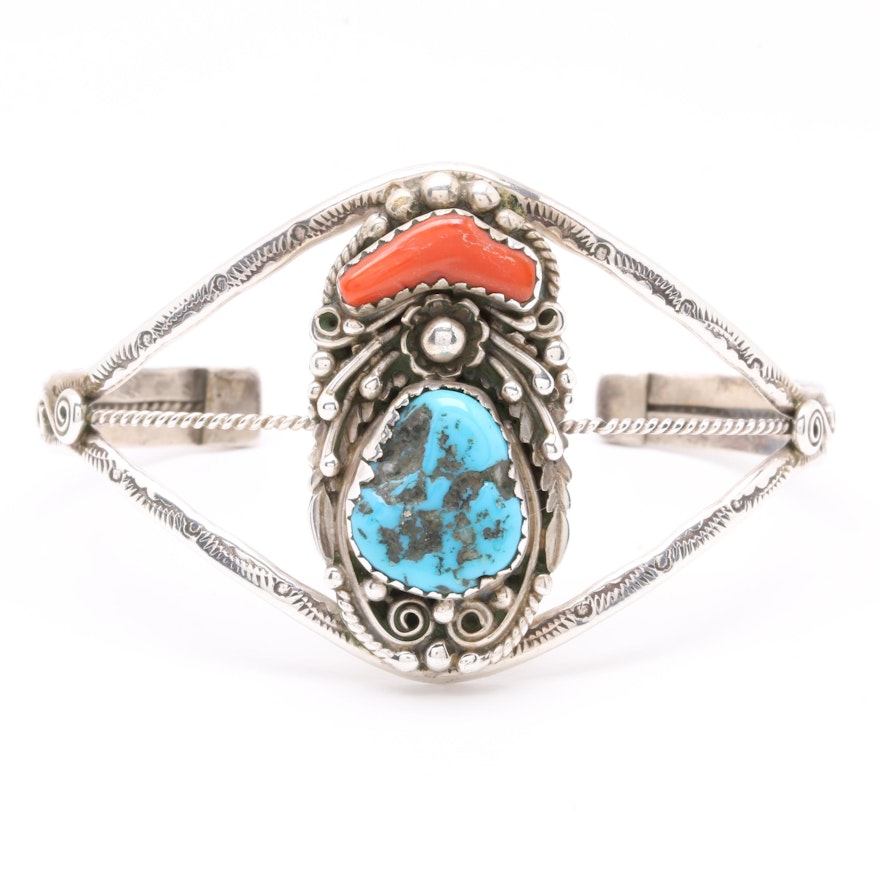 Joe Quail Navajo Diné Sterling Silver Turquoise and Coral Cuff Bangle