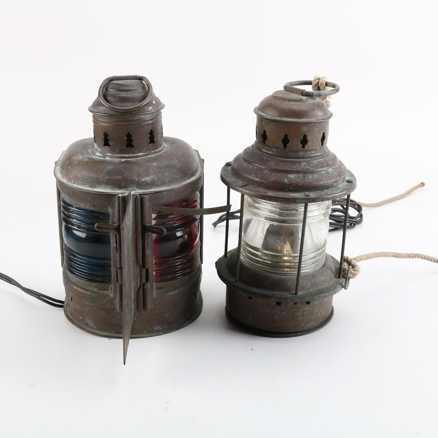 Converted Antique Nautical Metal and Glass Oil Lanterns