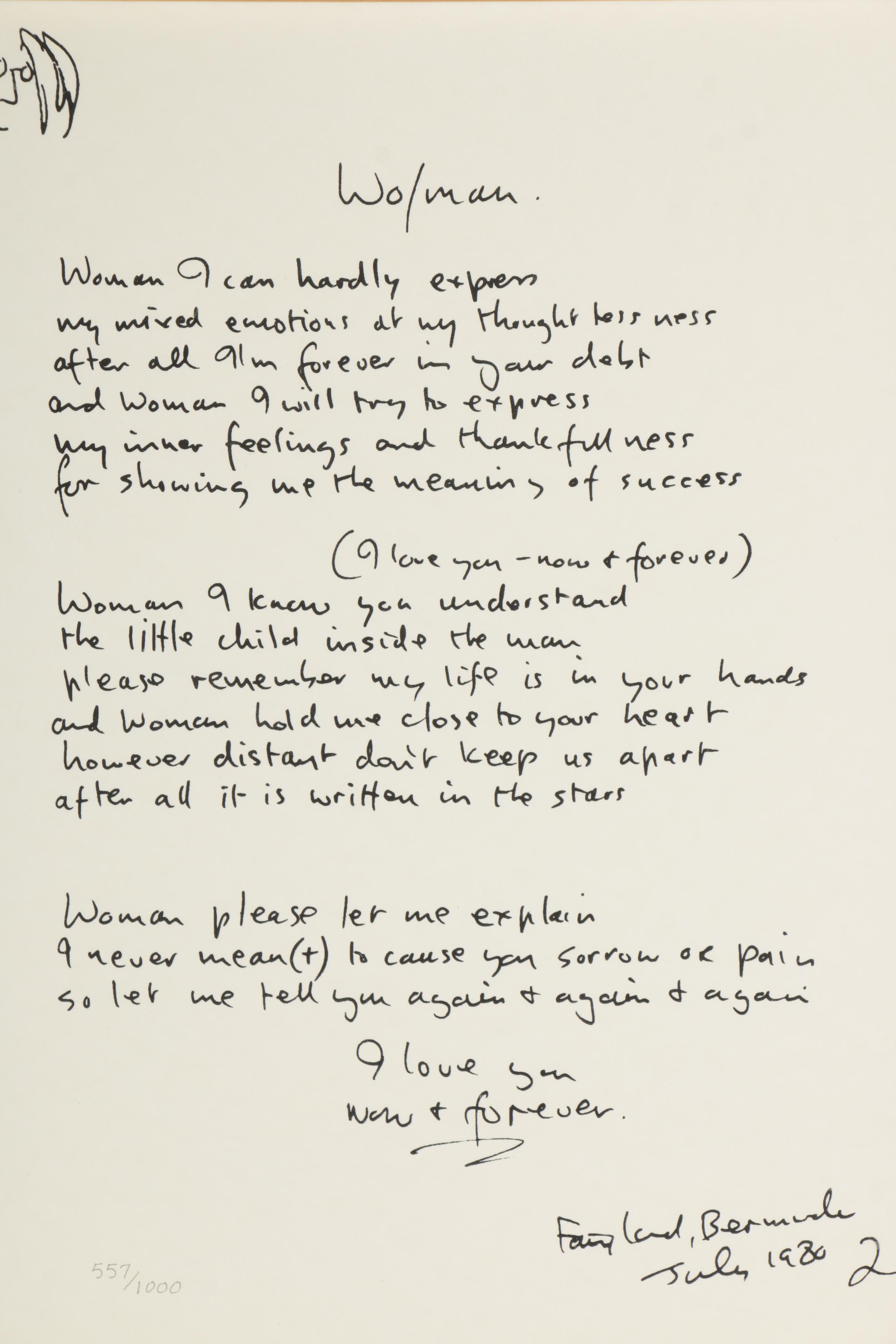 John Lennon "Wo/man" Limited Edition Reproduction Lyric Sheet