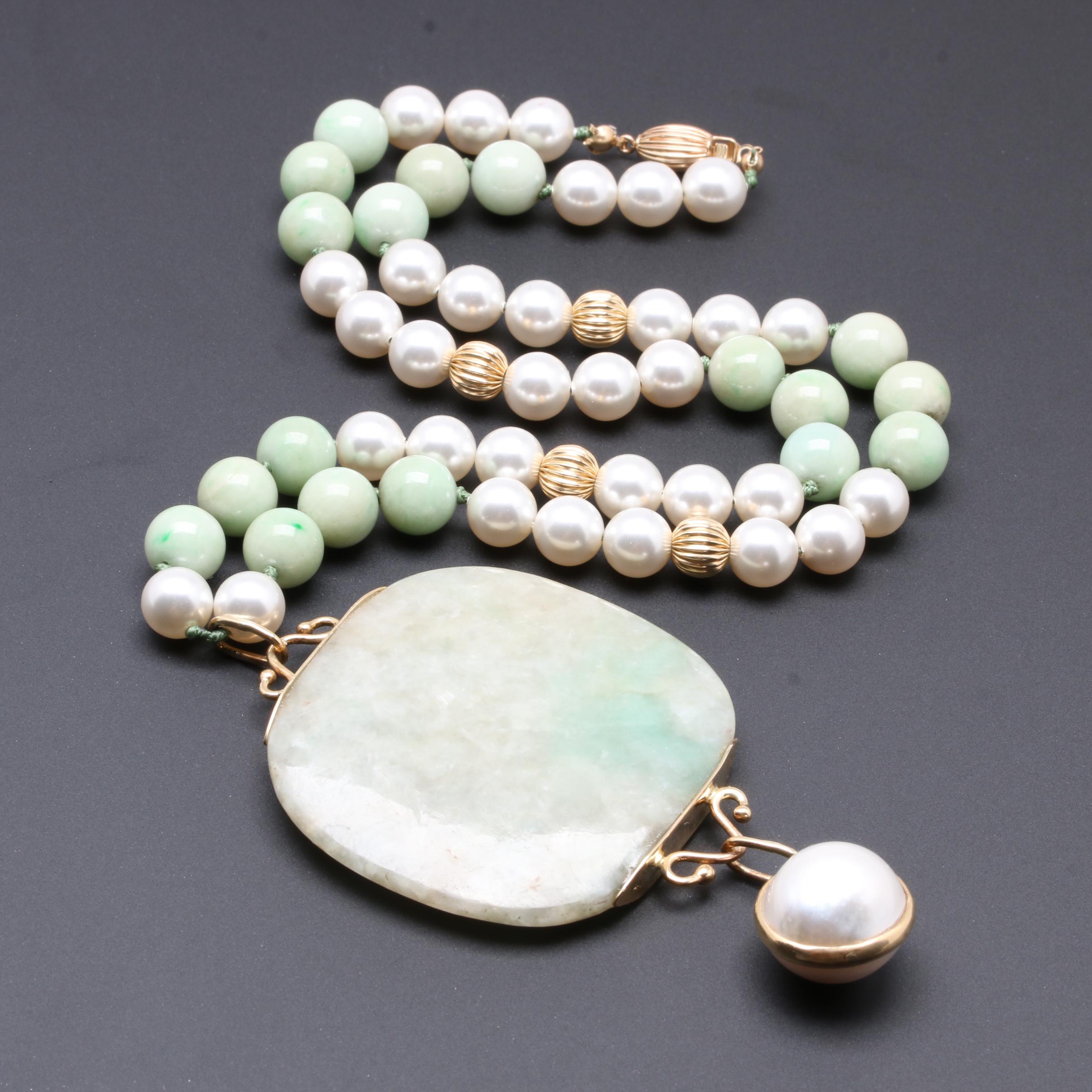 14K Yellow Gold Jadeite, Cultured and Synthetic Pearl Beaded Necklace