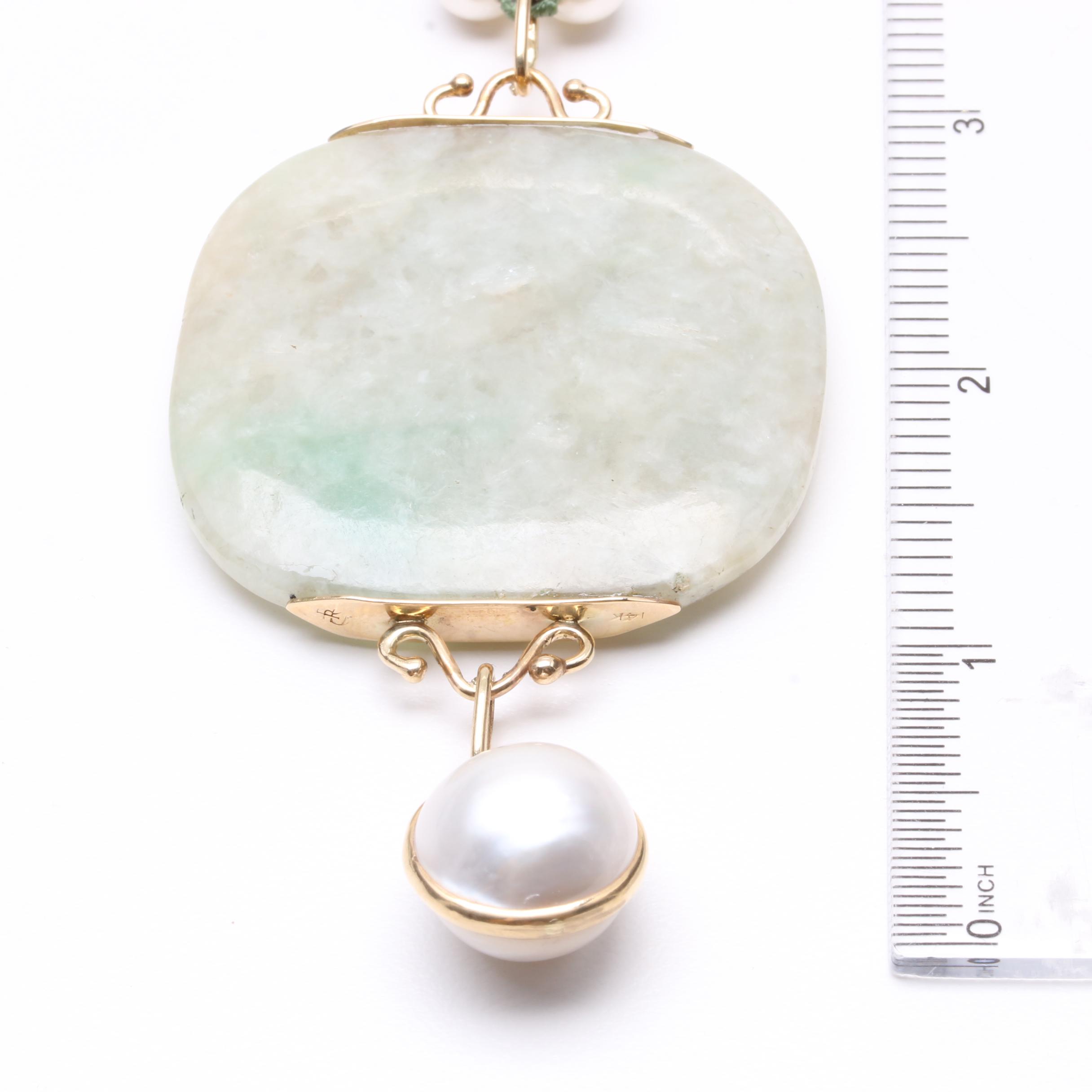 14K Yellow Gold Jadeite, Cultured and Synthetic Pearl Beaded Necklace