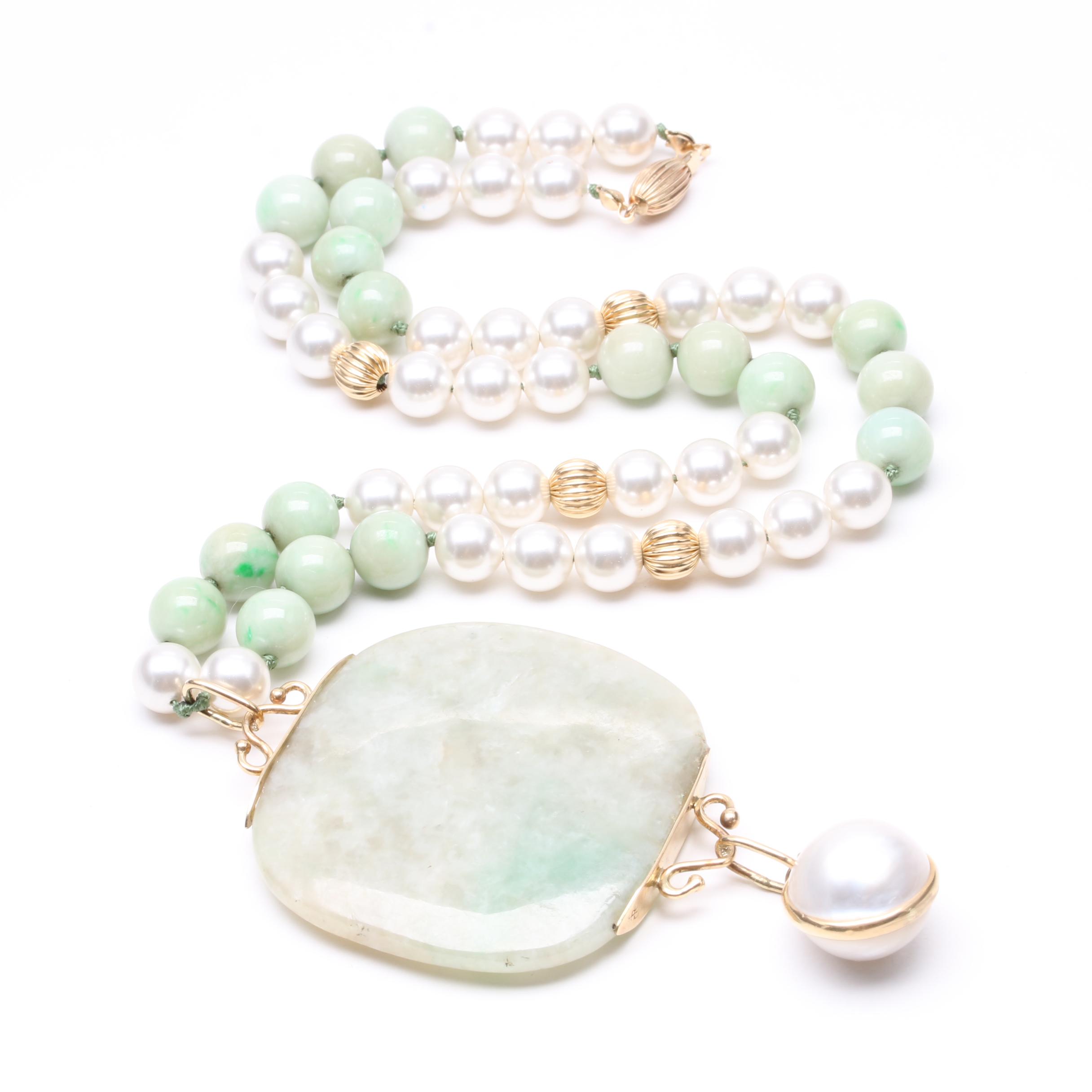 14K Yellow Gold Jadeite, Cultured and Synthetic Pearl Beaded Necklace