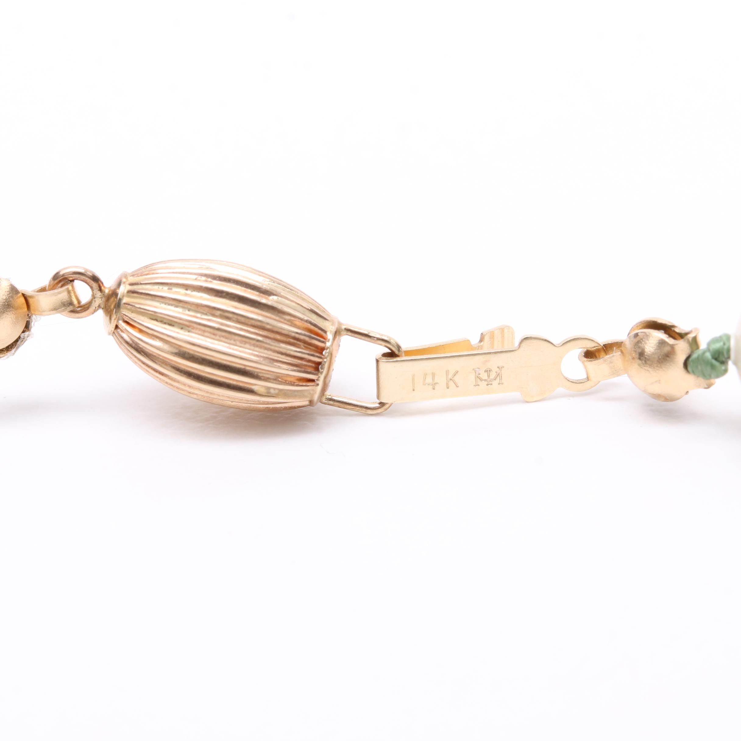 14K Yellow Gold Jadeite, Cultured and Synthetic Pearl Beaded Necklace