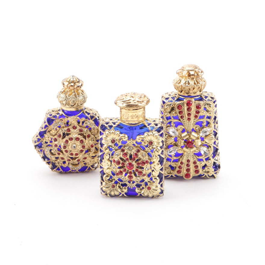 Bohemian Cobalt Glass Perfume Bottles with Reticulated Overlay