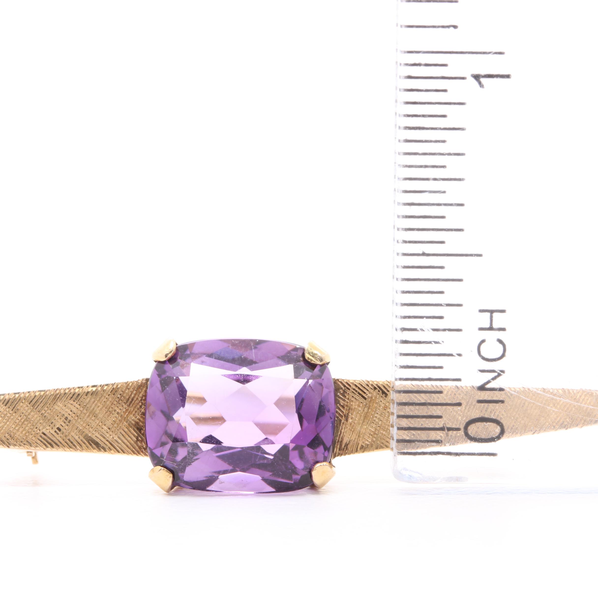 Vintage 10K Yellow Gold Amethyst Brooch
