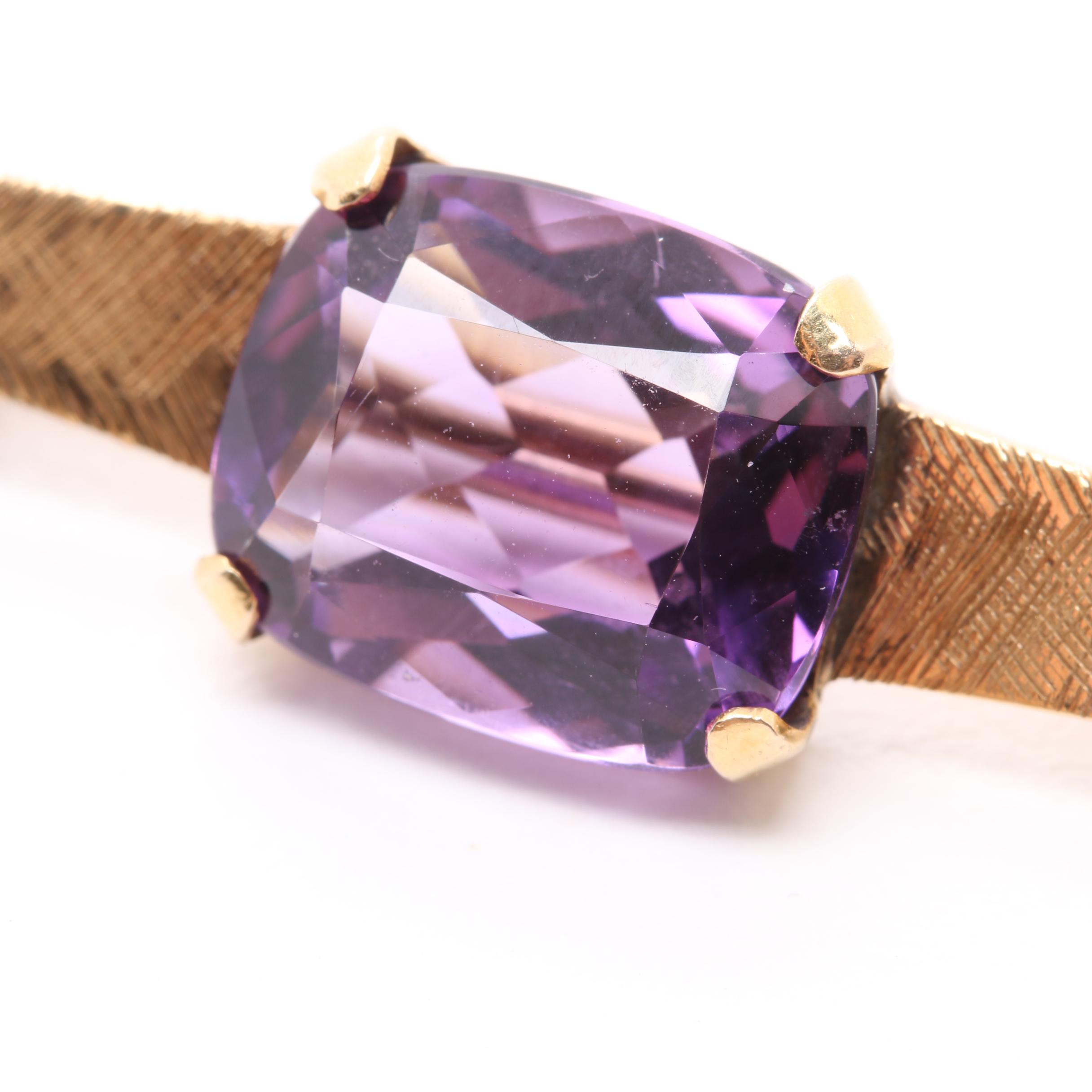 Vintage 10K Yellow Gold Amethyst Brooch