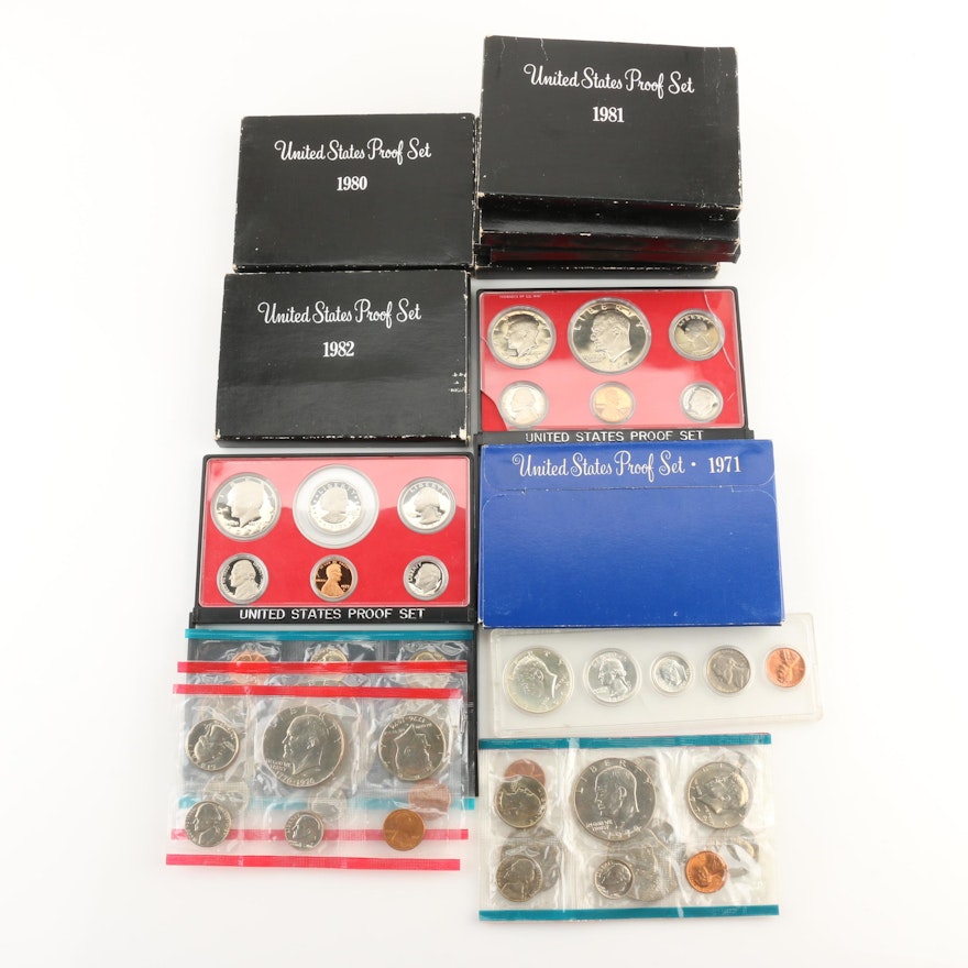 Group of Ten U.S. Proof Sets and Four U.S. Uncirculated Mint Sets