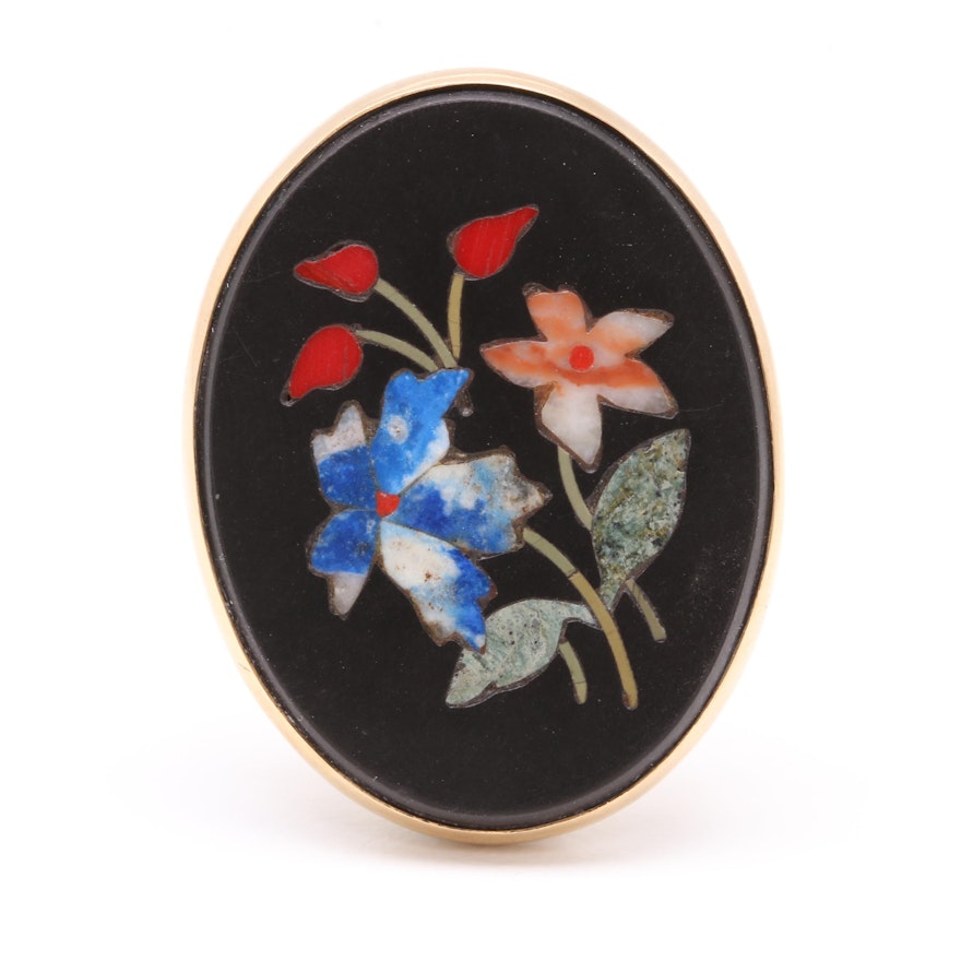 14K Yellow Gold Black Onyx and Gemstone Pietra Dura Brooch