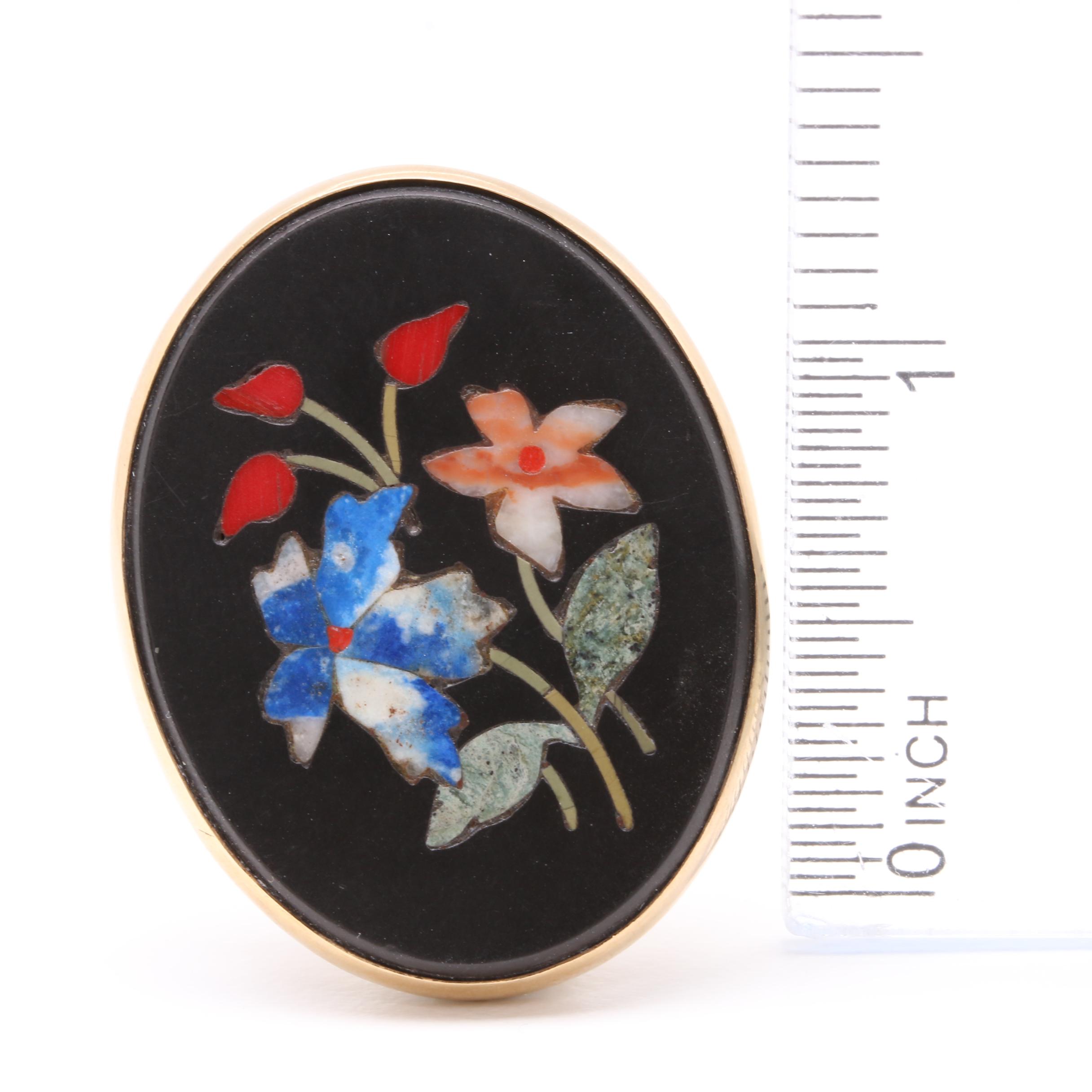 14K Yellow Gold Black Onyx and Gemstone Pietra Dura Brooch