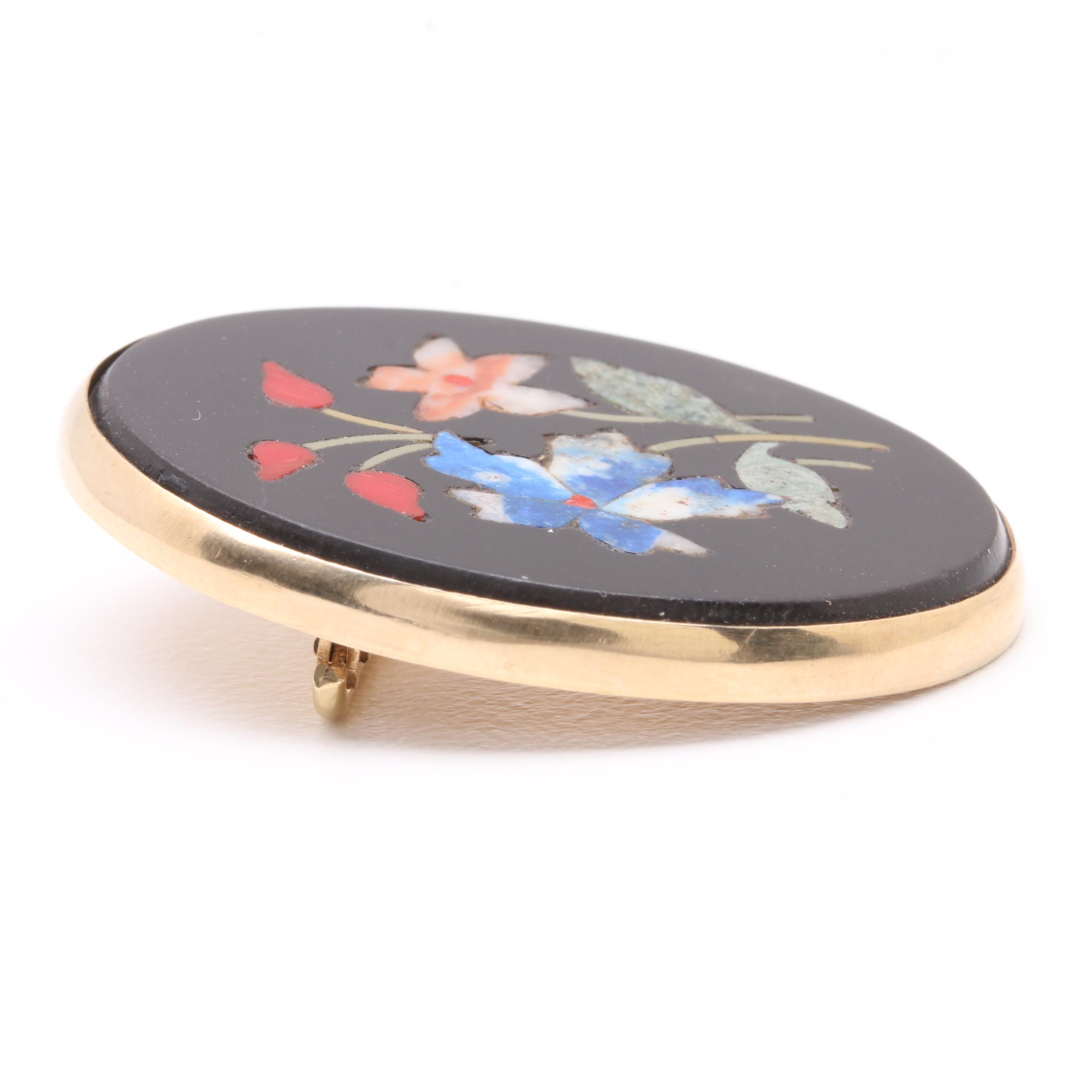 14K Yellow Gold Black Onyx and Gemstone Pietra Dura Brooch