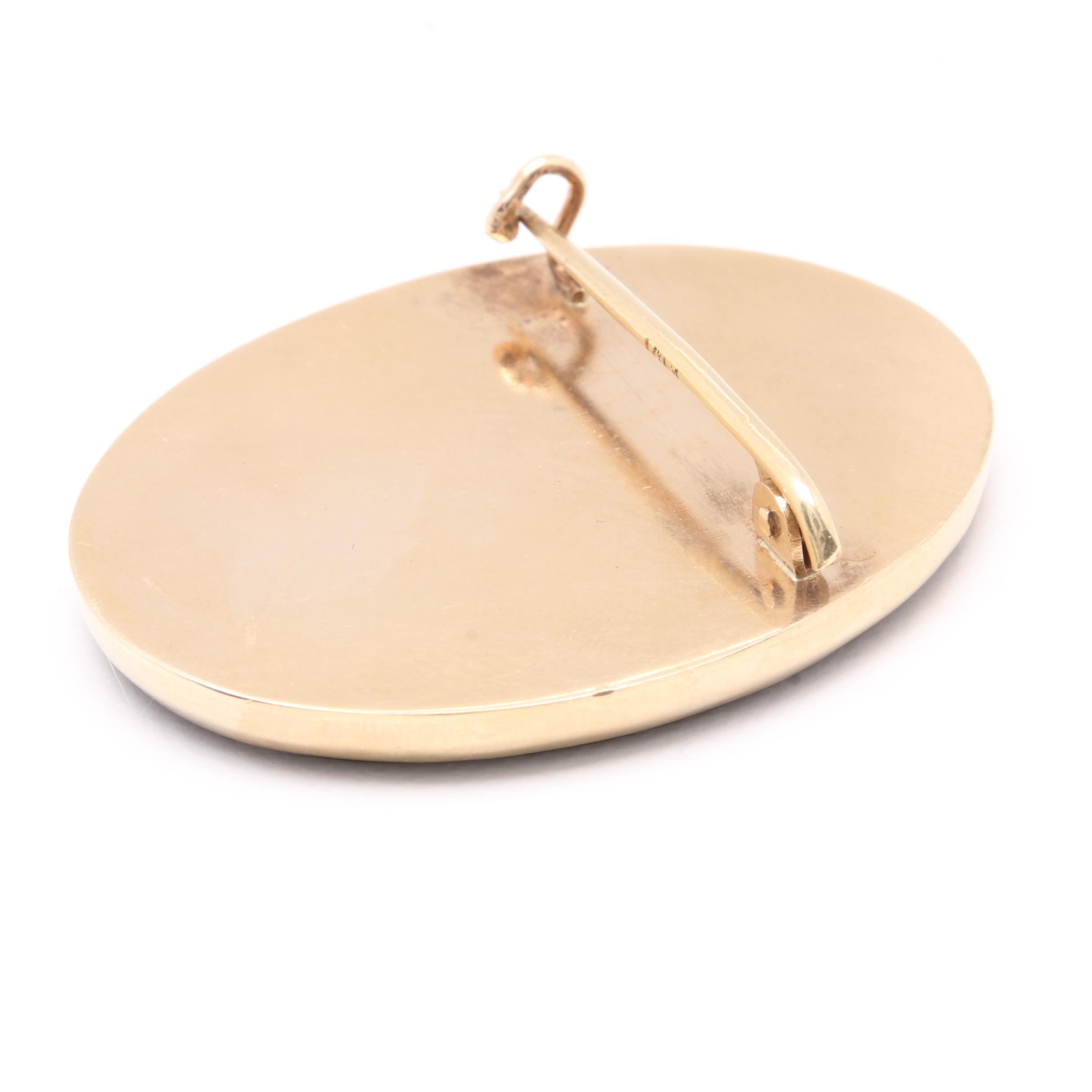 14K Yellow Gold Black Onyx and Gemstone Pietra Dura Brooch