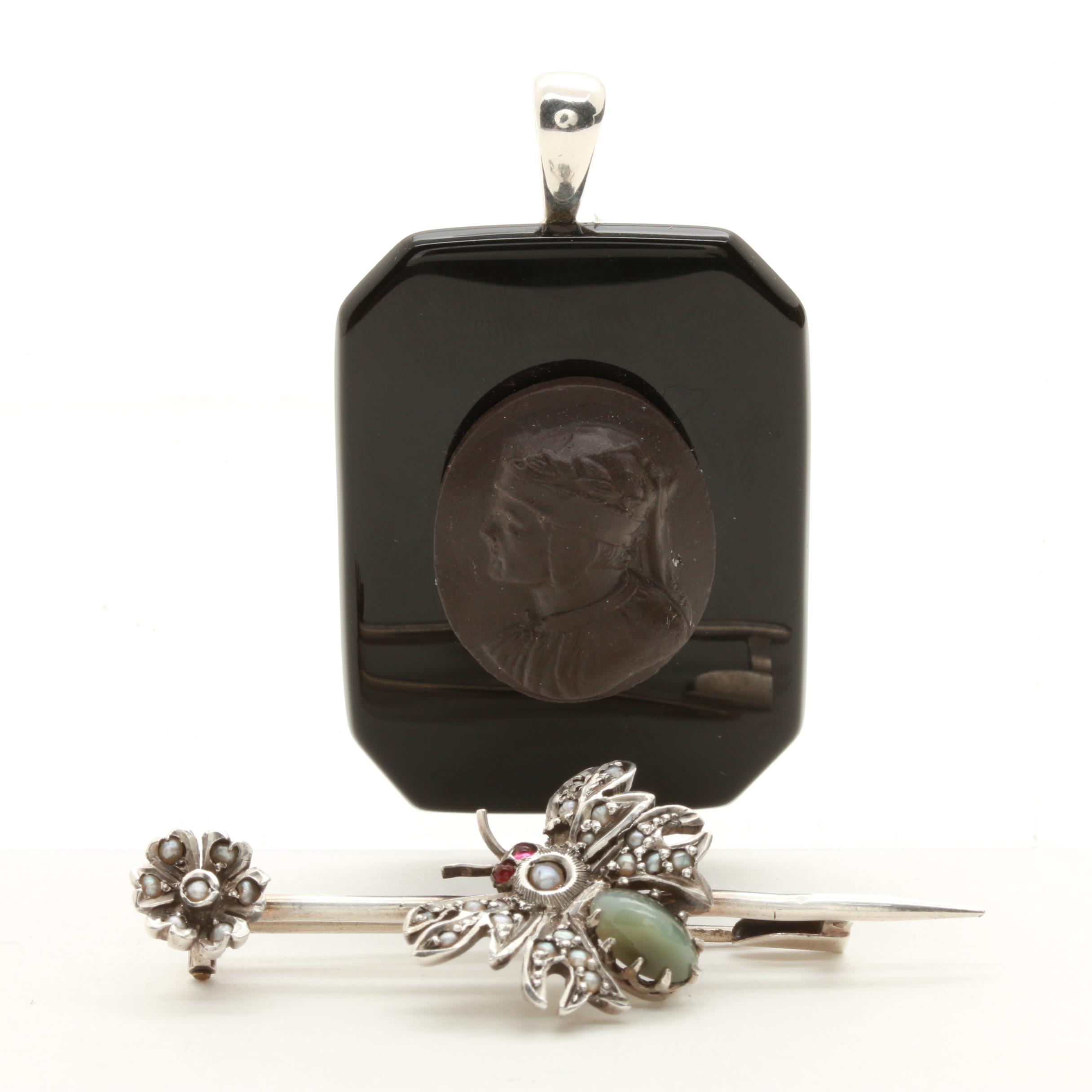 Sterling Silver Cat's Eye, Cultured Pearl and Black Onyx Jewelry