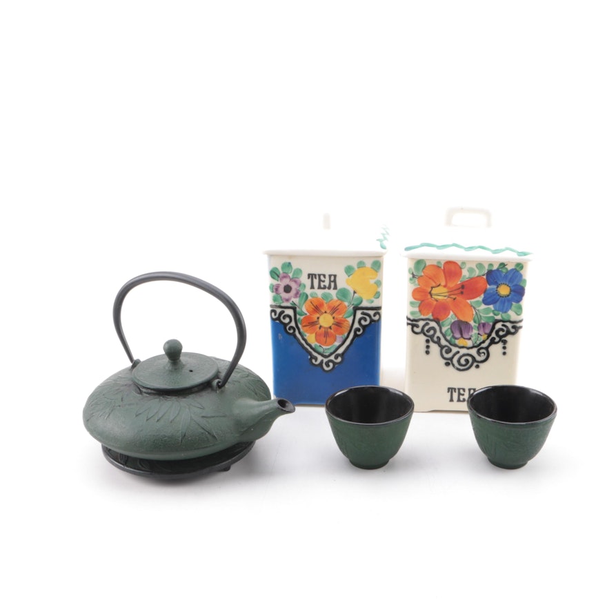 Chinese Cast Iron Tea Set and Hand-Painted Porcelain Canisters