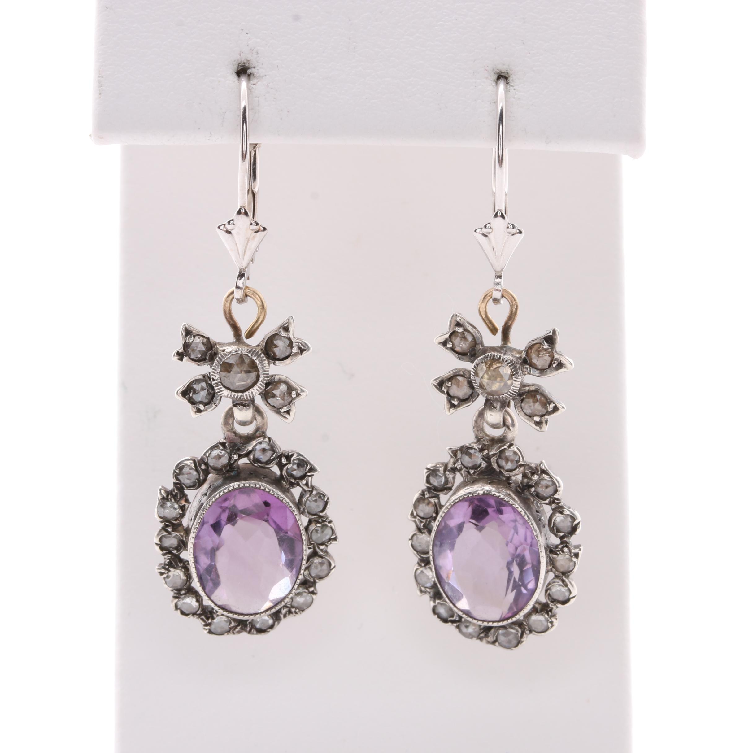 Sterling Silver and 14K White Gold Amethyst and Diamond Earrings