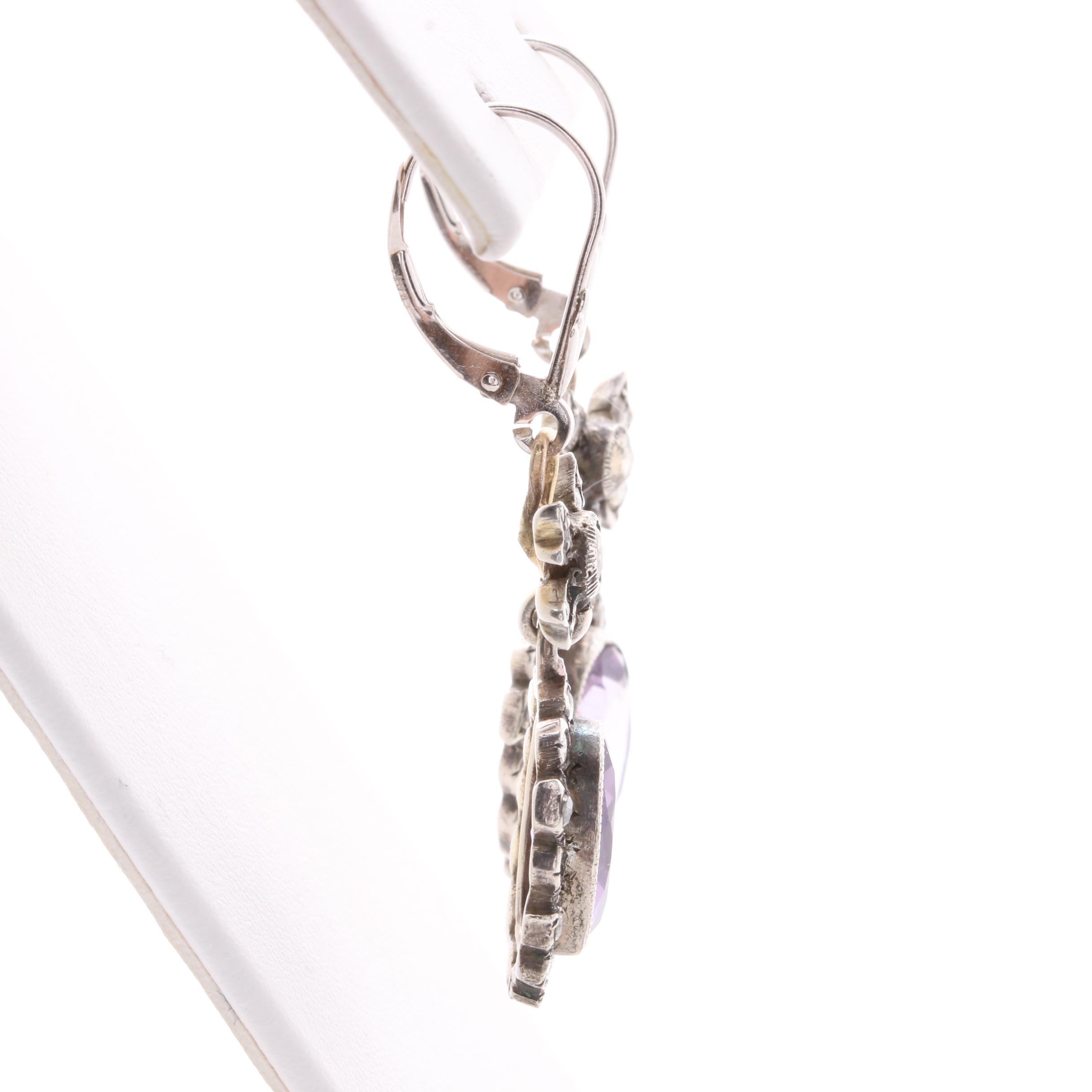 Sterling Silver and 14K White Gold Amethyst and Diamond Earrings