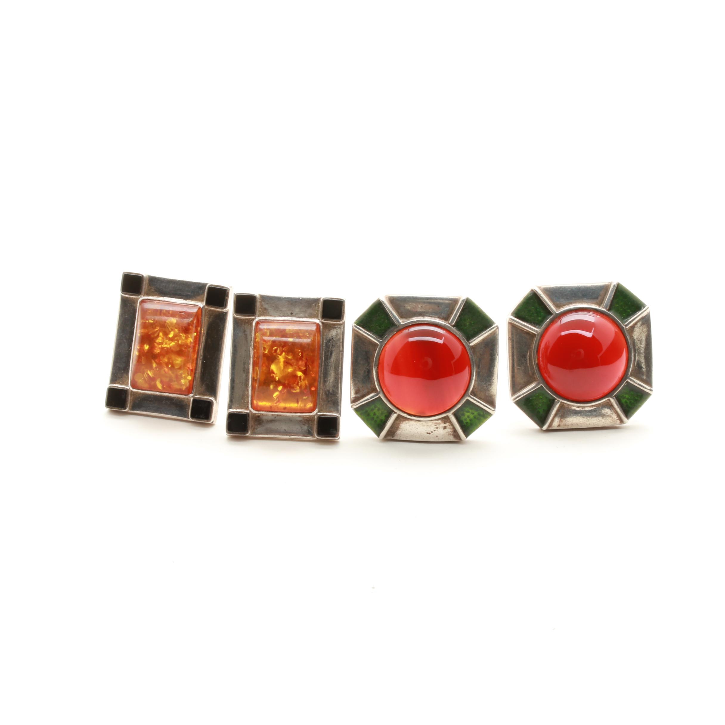 Sterling Silver Carnelian, Amber, and Onyx Clip On Earrings Including Lori Bonn