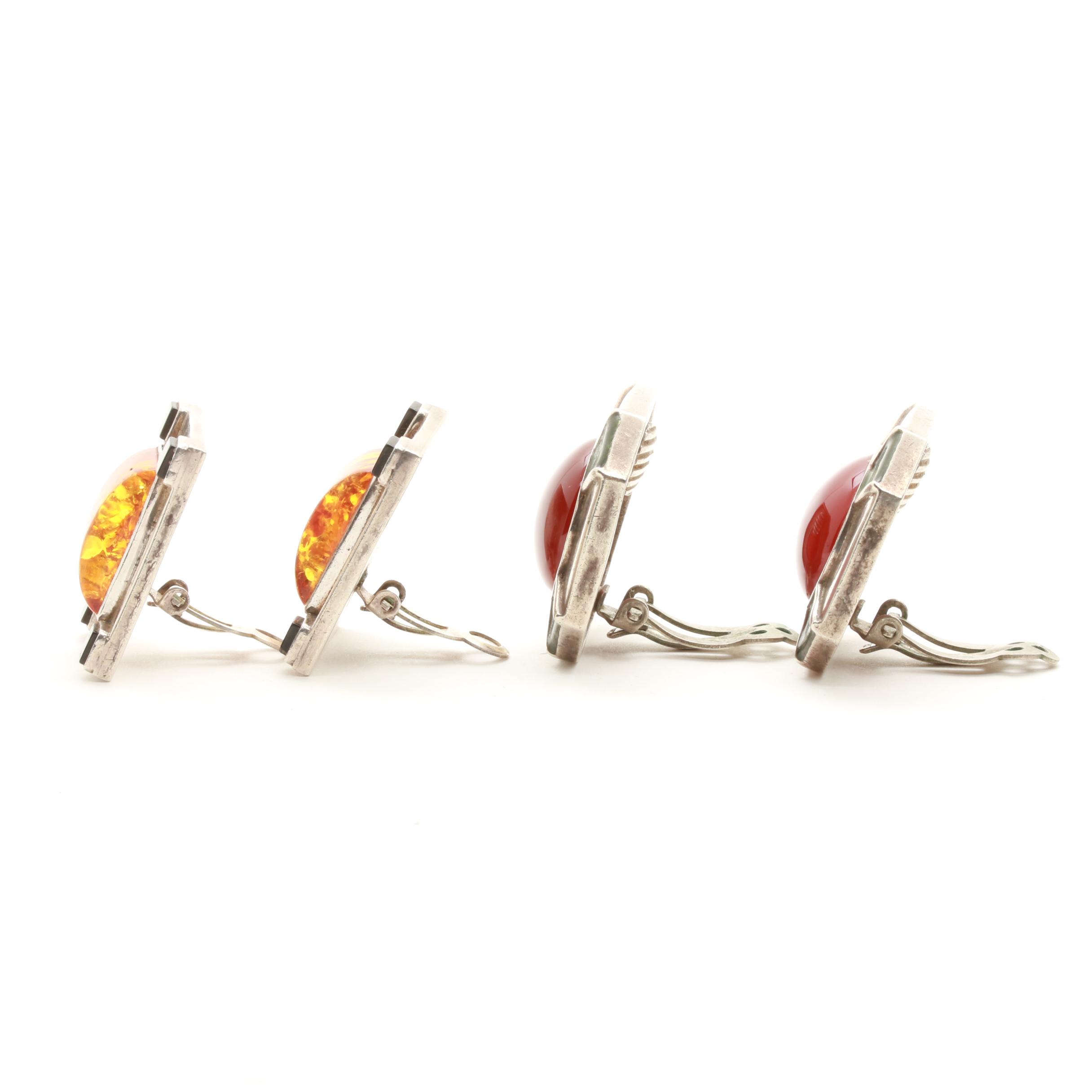 Sterling Silver Carnelian, Amber, and Onyx Clip On Earrings Including Lori Bonn