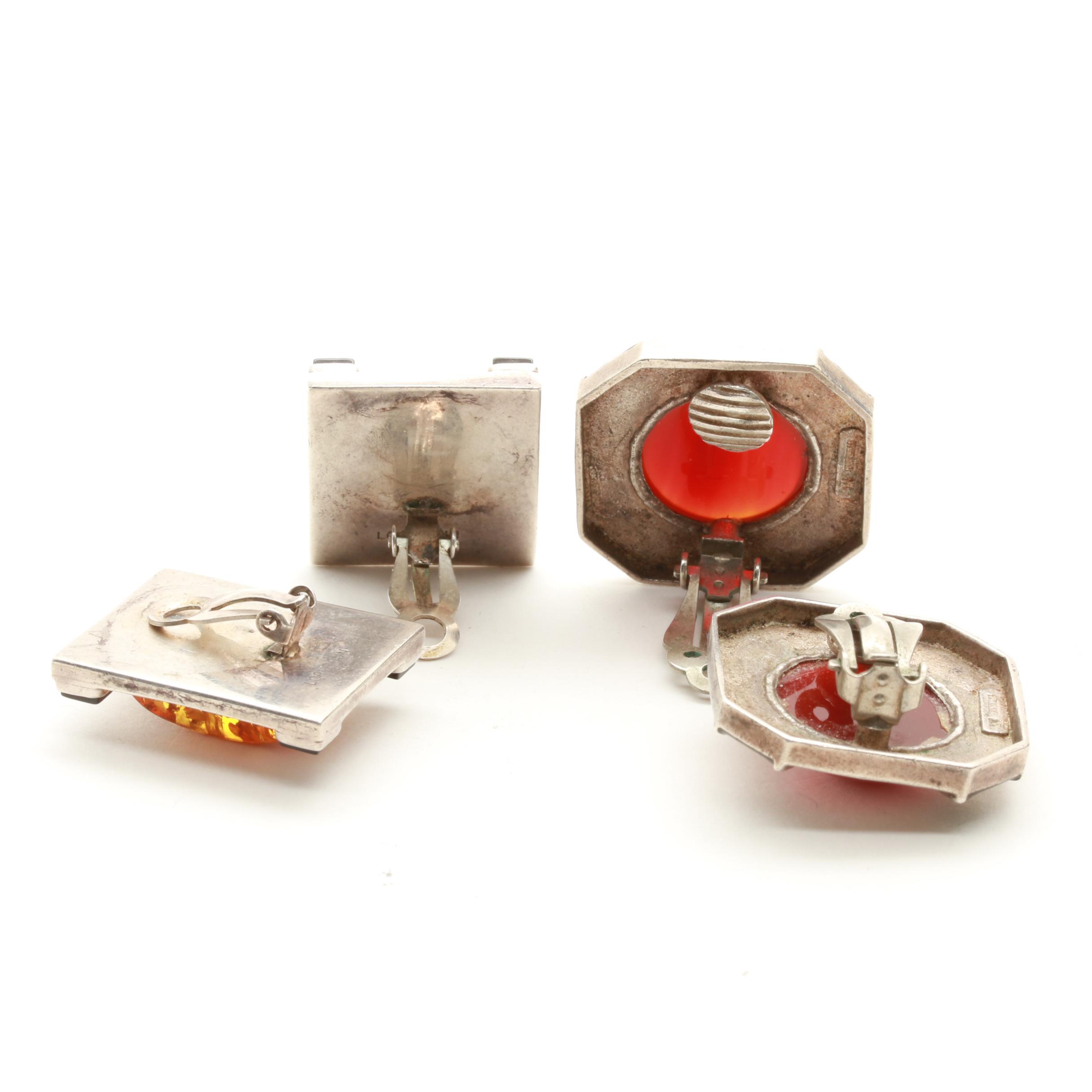 Sterling Silver Carnelian, Amber, and Onyx Clip On Earrings Including Lori Bonn