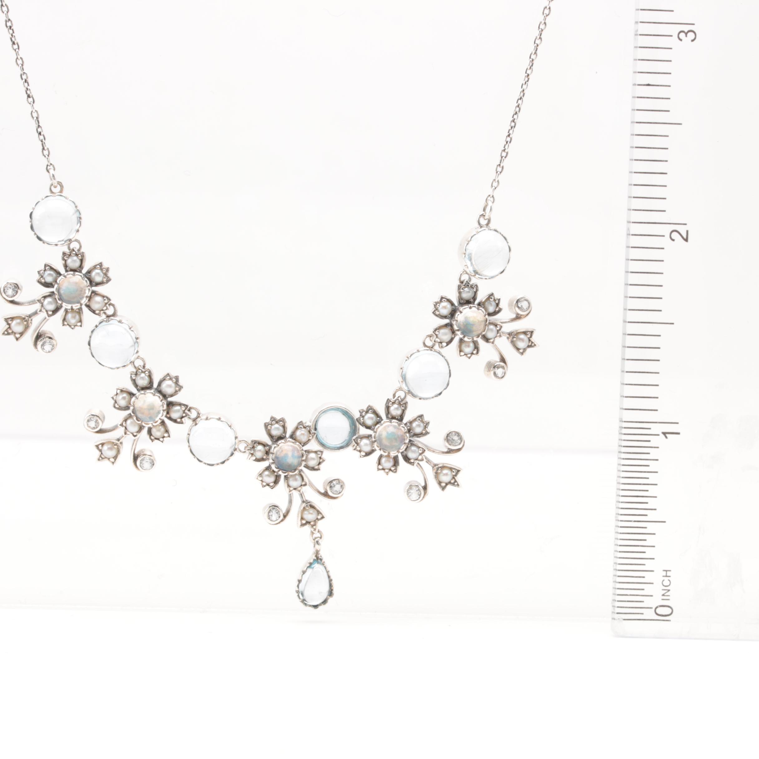 Sterling Silver Necklace Featuring Topaz, Cultured Pearl and Glass