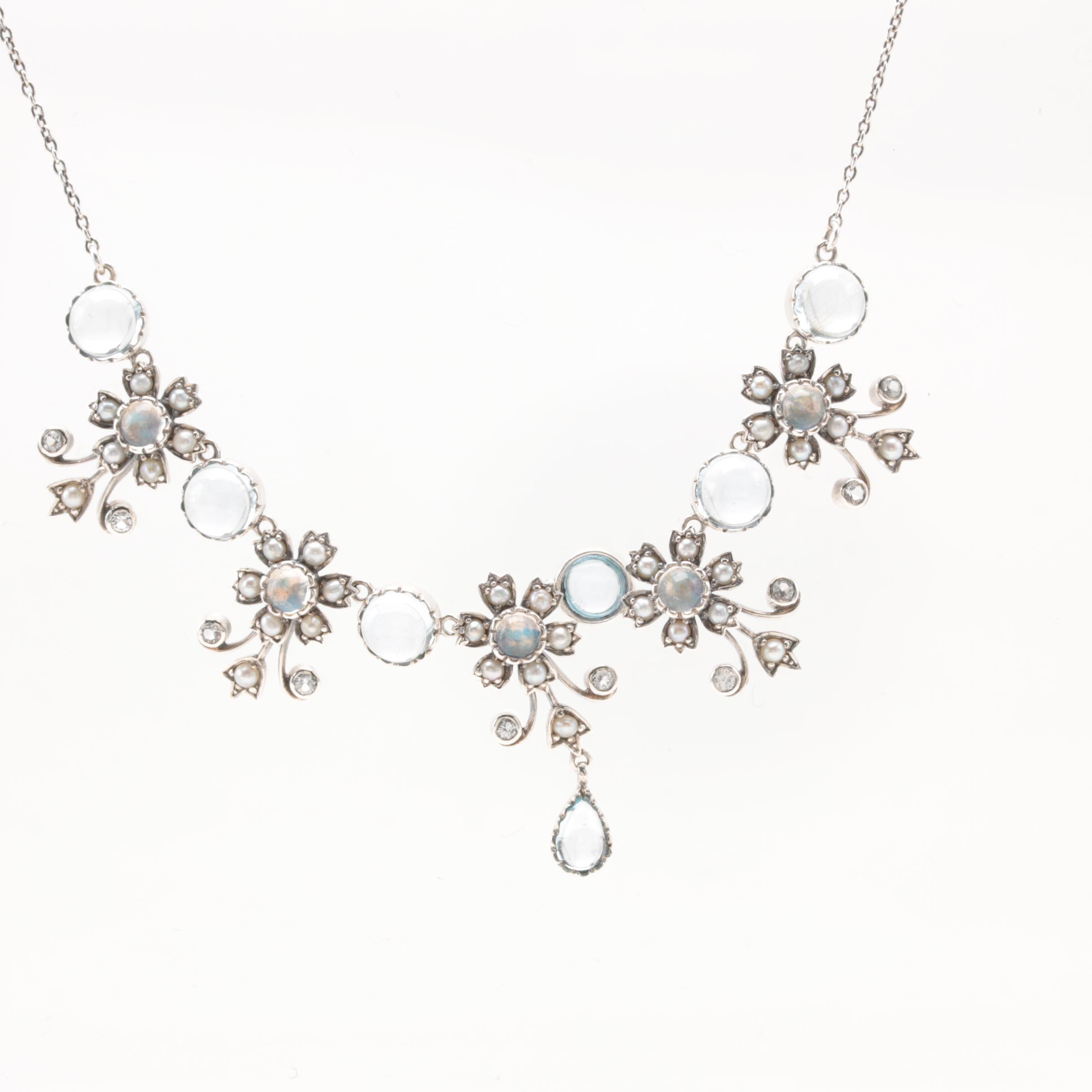 Sterling Silver Necklace Featuring Topaz, Cultured Pearl and Glass