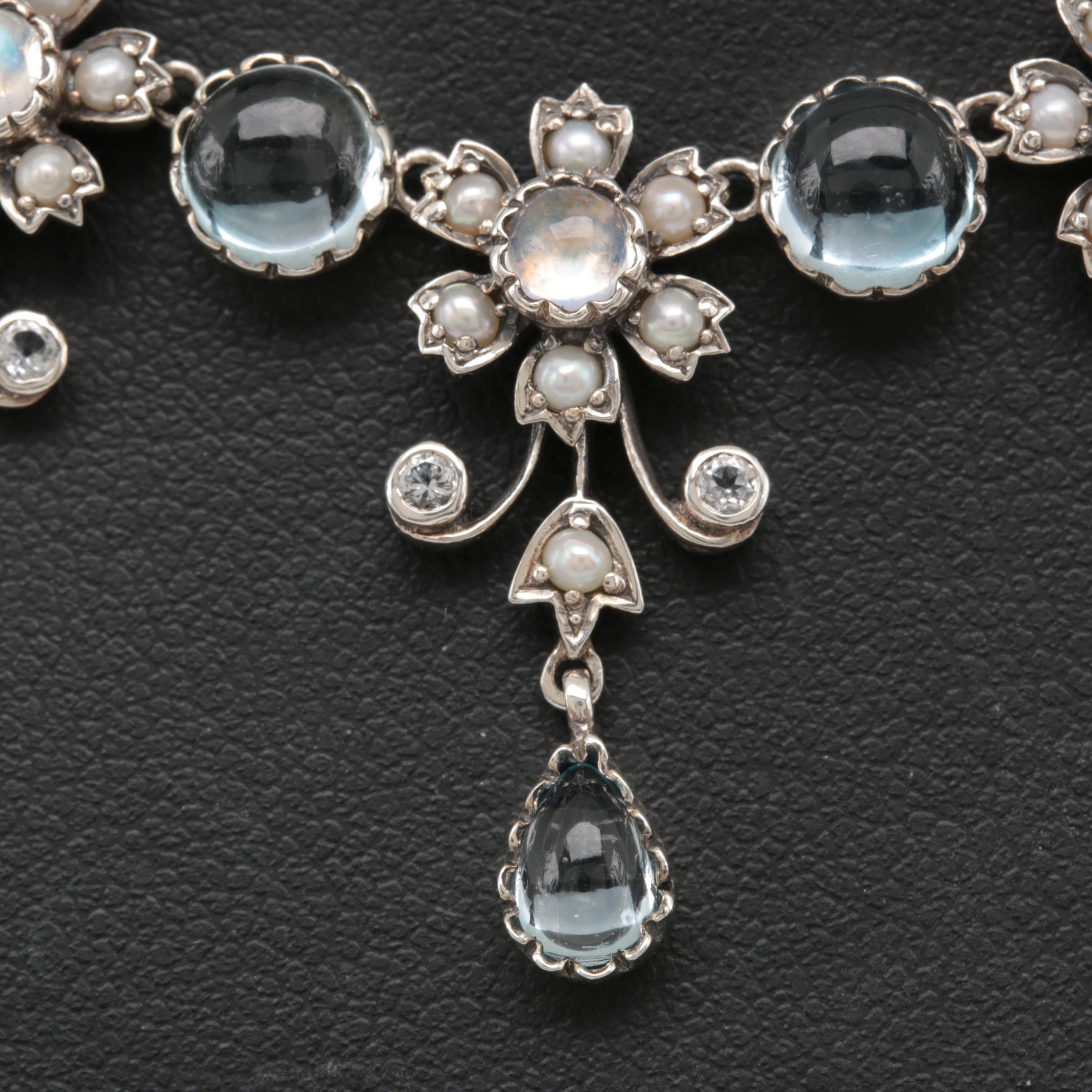 Sterling Silver Necklace Featuring Topaz, Cultured Pearl and Glass