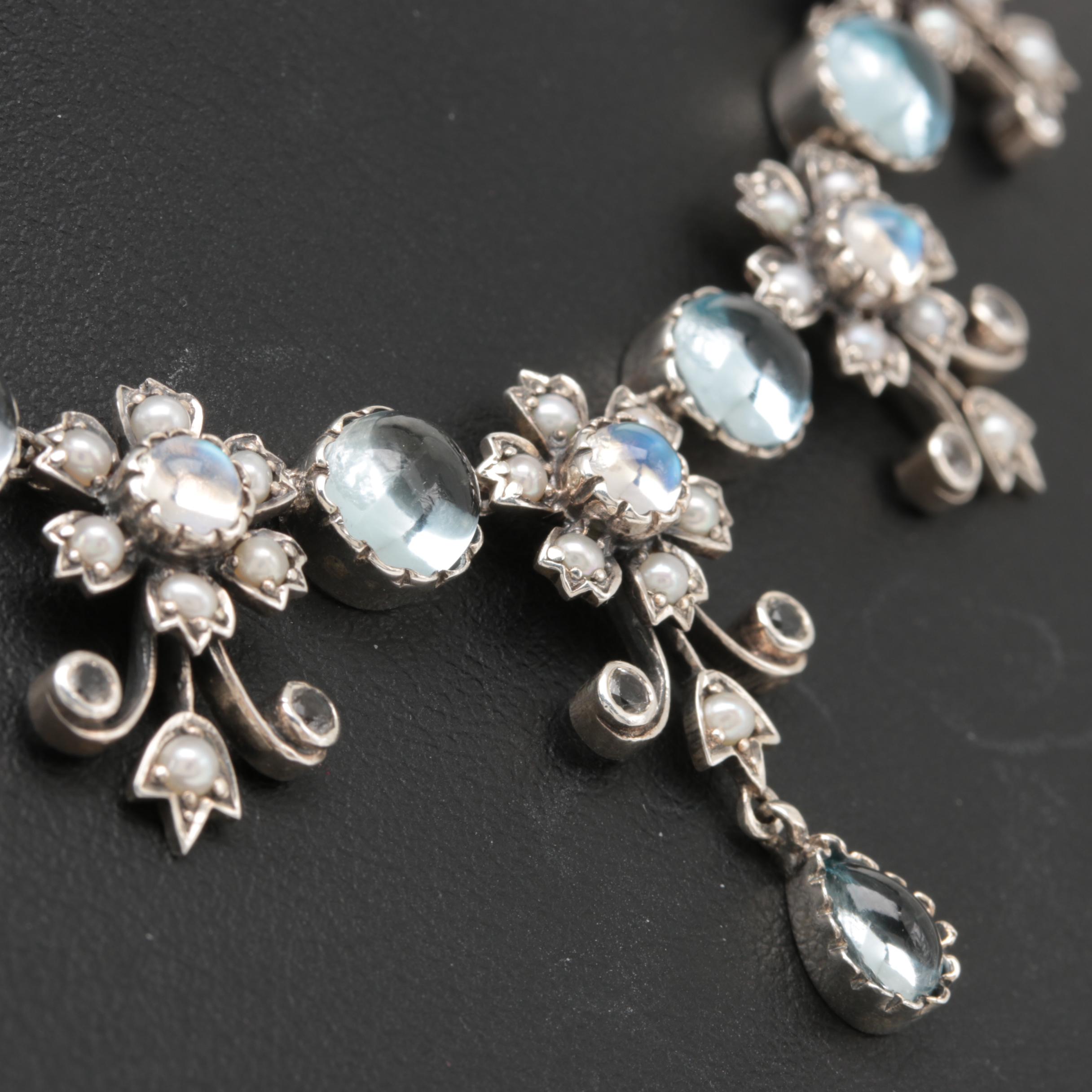 Sterling Silver Necklace Featuring Topaz, Cultured Pearl and Glass