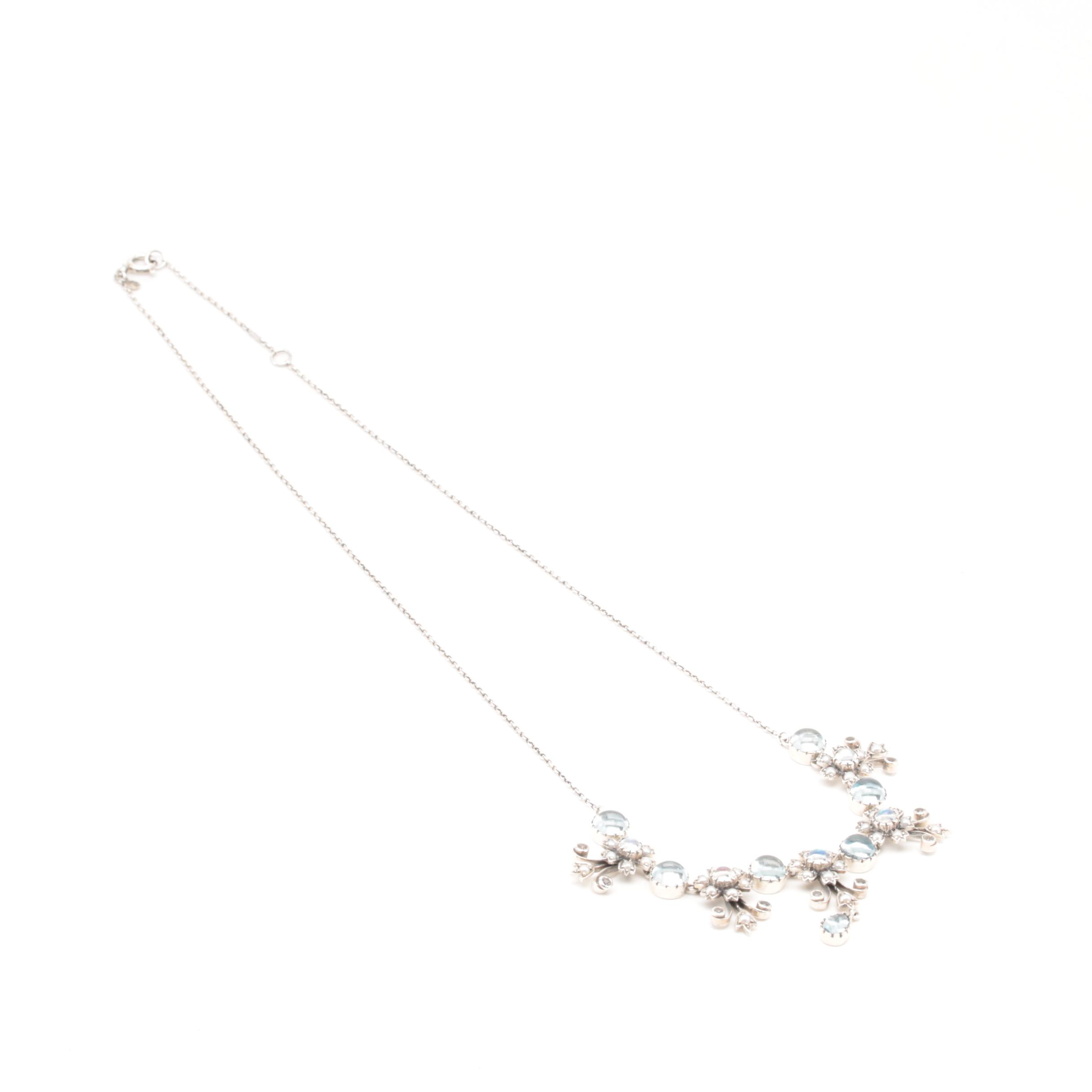 Sterling Silver Necklace Featuring Topaz, Cultured Pearl and Glass