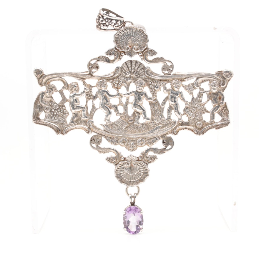 Sterling Silver Amethyst Pendant Featuring Neoclassical Motifs