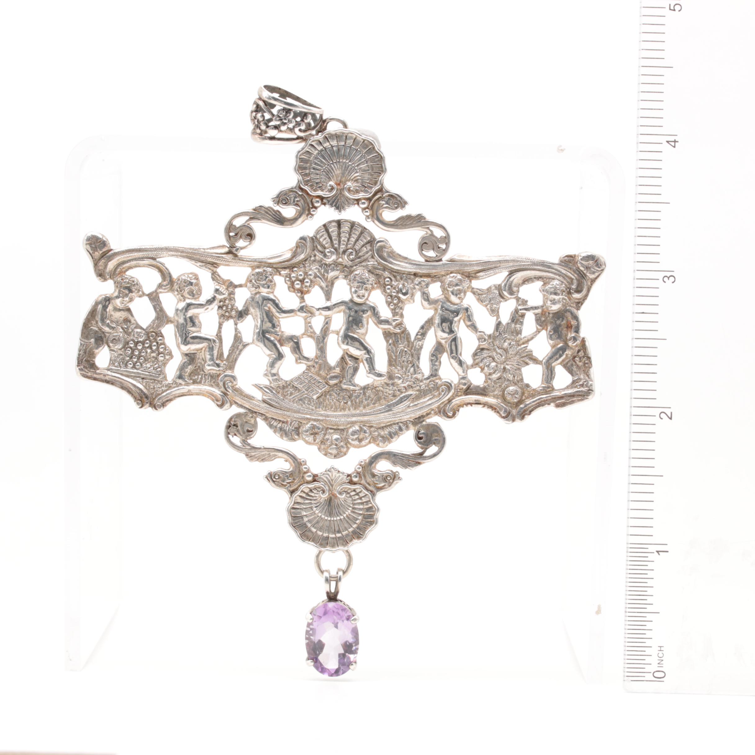 Sterling Silver Amethyst Pendant Featuring Neoclassical Motifs