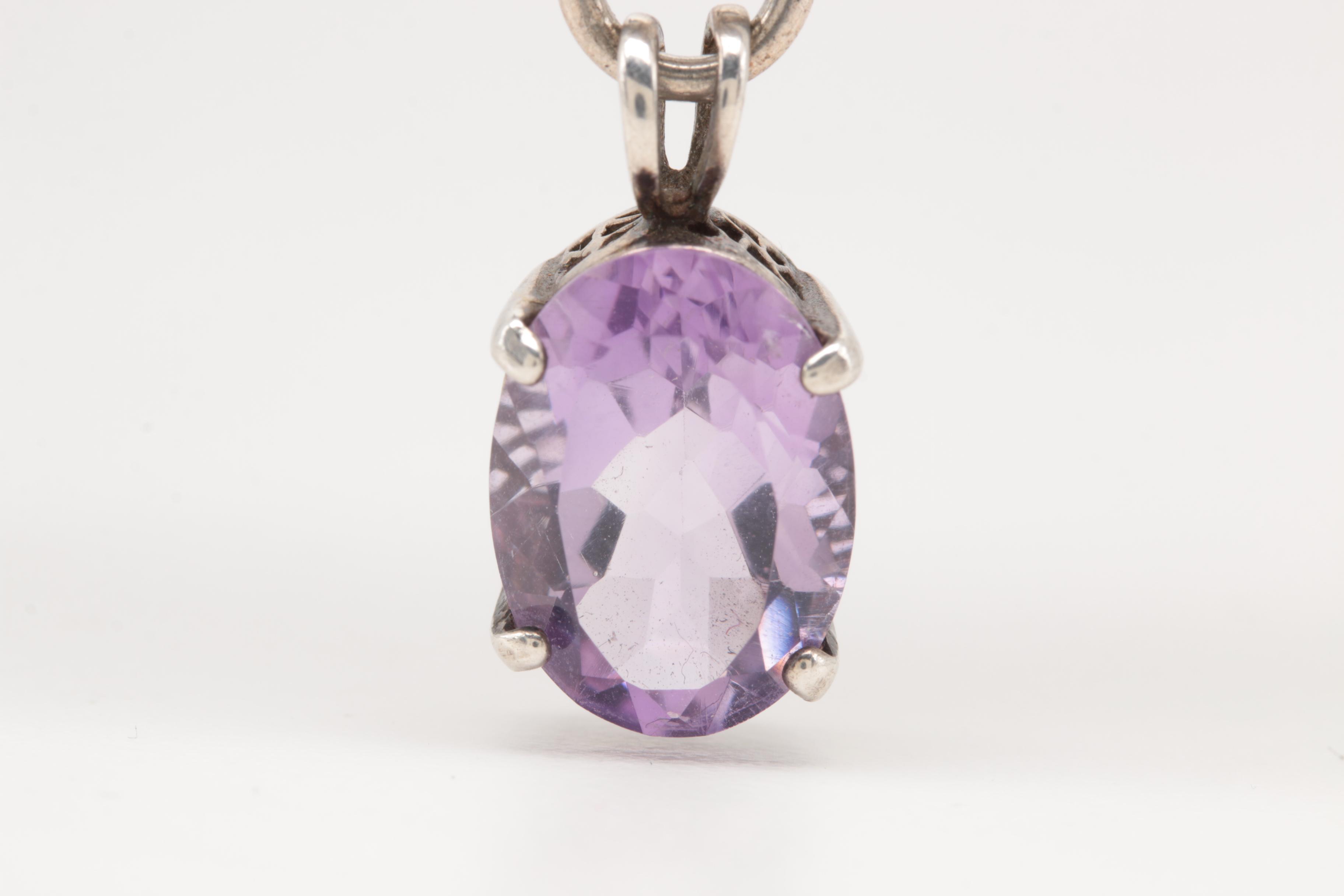 Sterling Silver Amethyst Pendant Featuring Neoclassical Motifs
