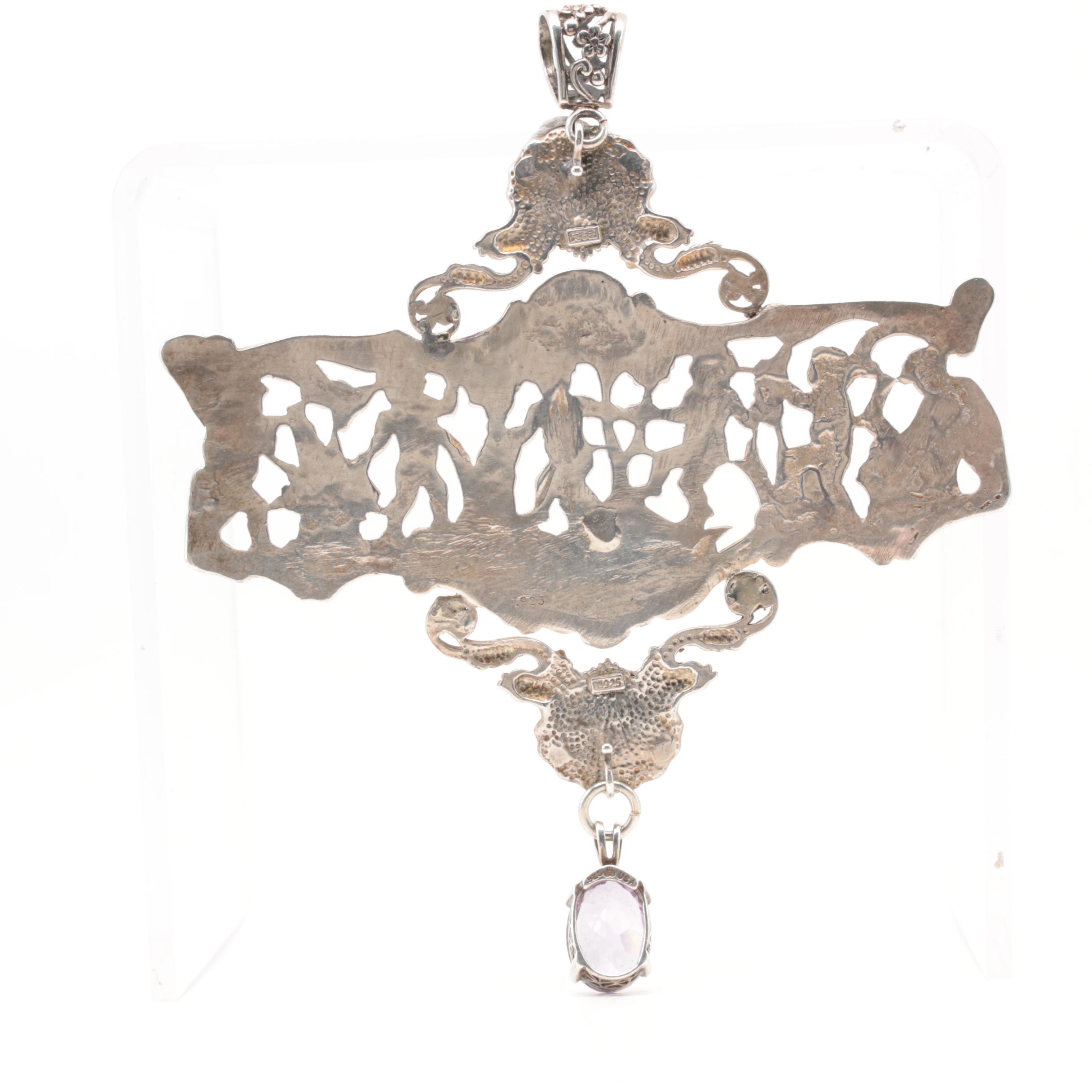 Sterling Silver Amethyst Pendant Featuring Neoclassical Motifs