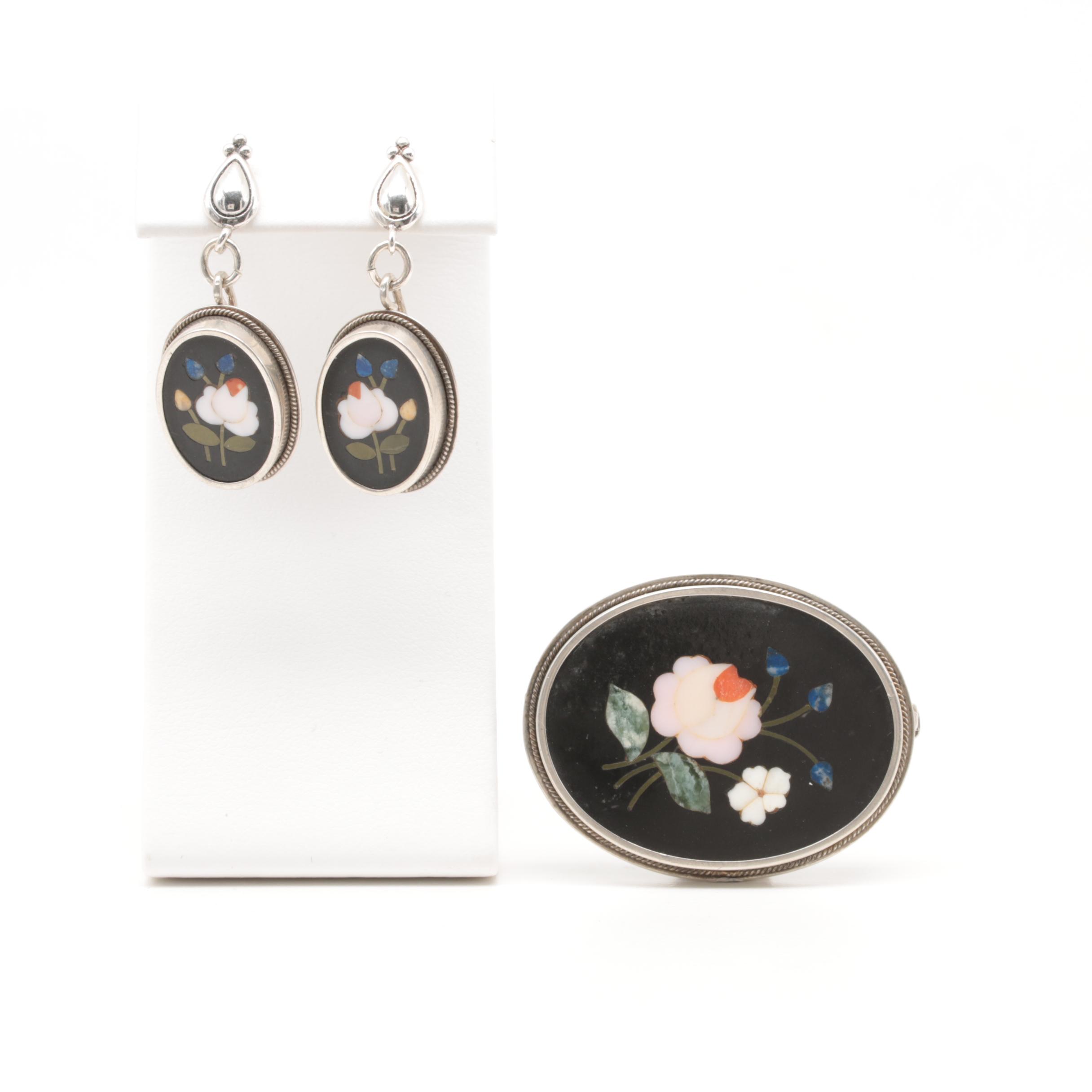 800 Silver Gemstone Pietra Dura Brooch and Earrings