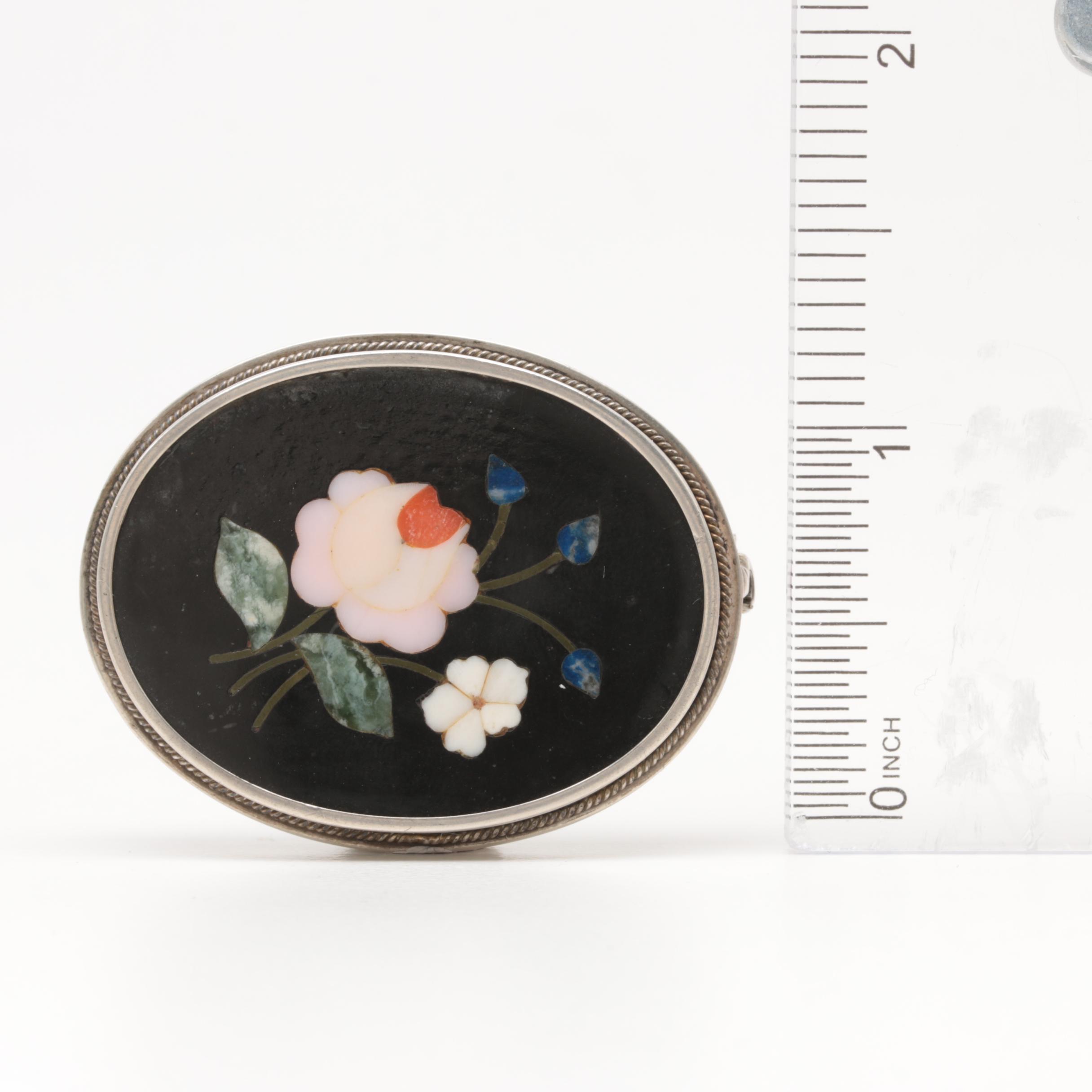 800 Silver Gemstone Pietra Dura Brooch and Earrings