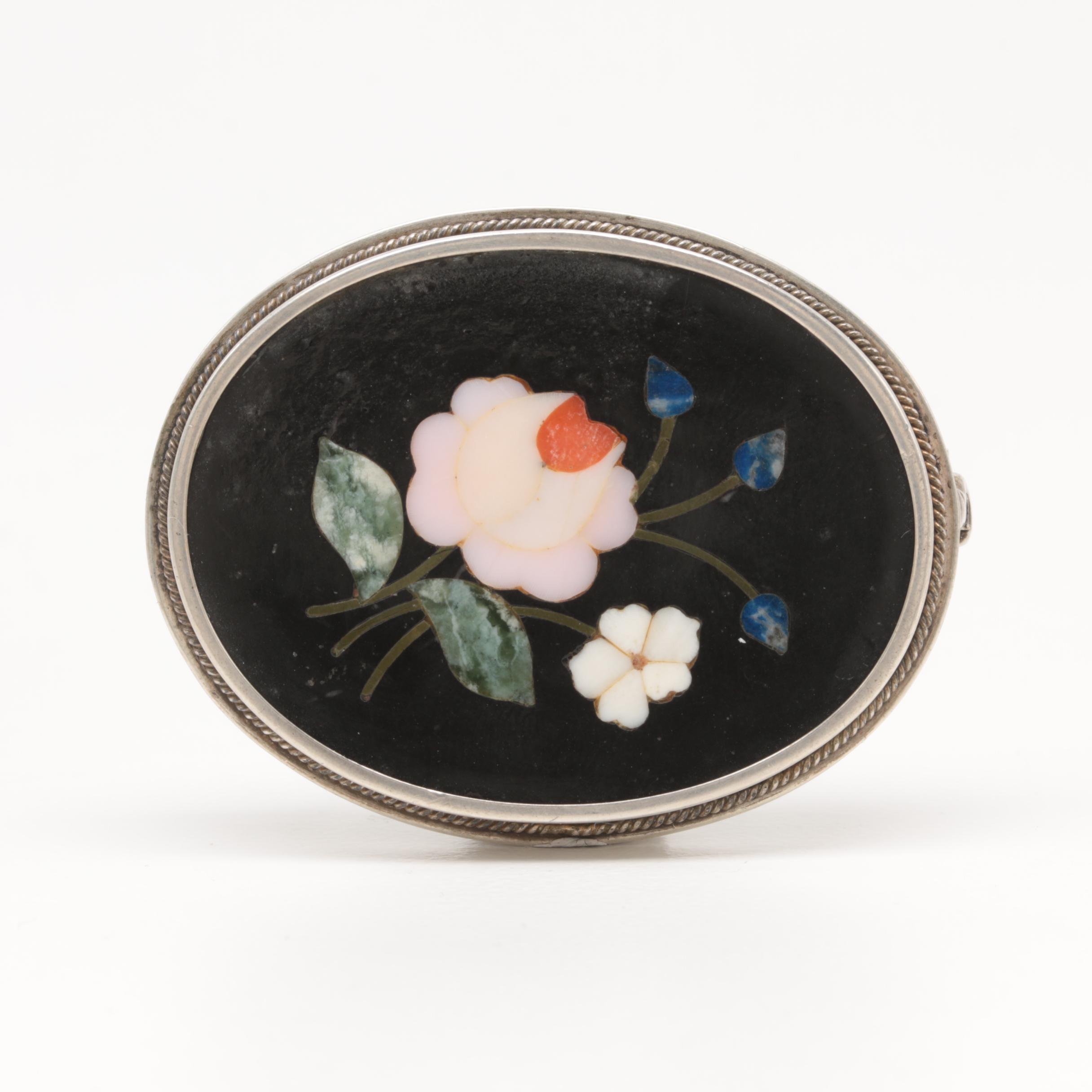 800 Silver Gemstone Pietra Dura Brooch and Earrings