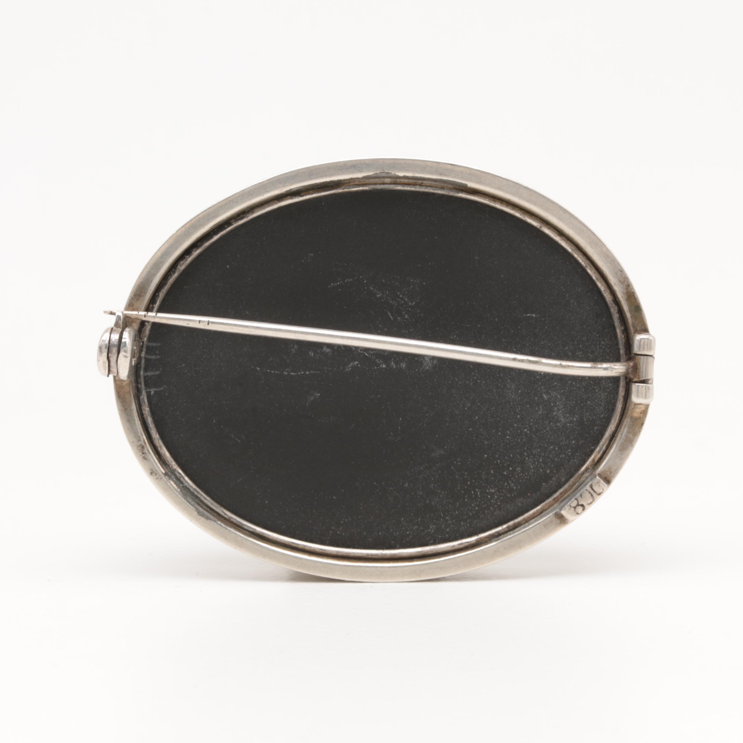 800 Silver Gemstone Pietra Dura Brooch and Earrings