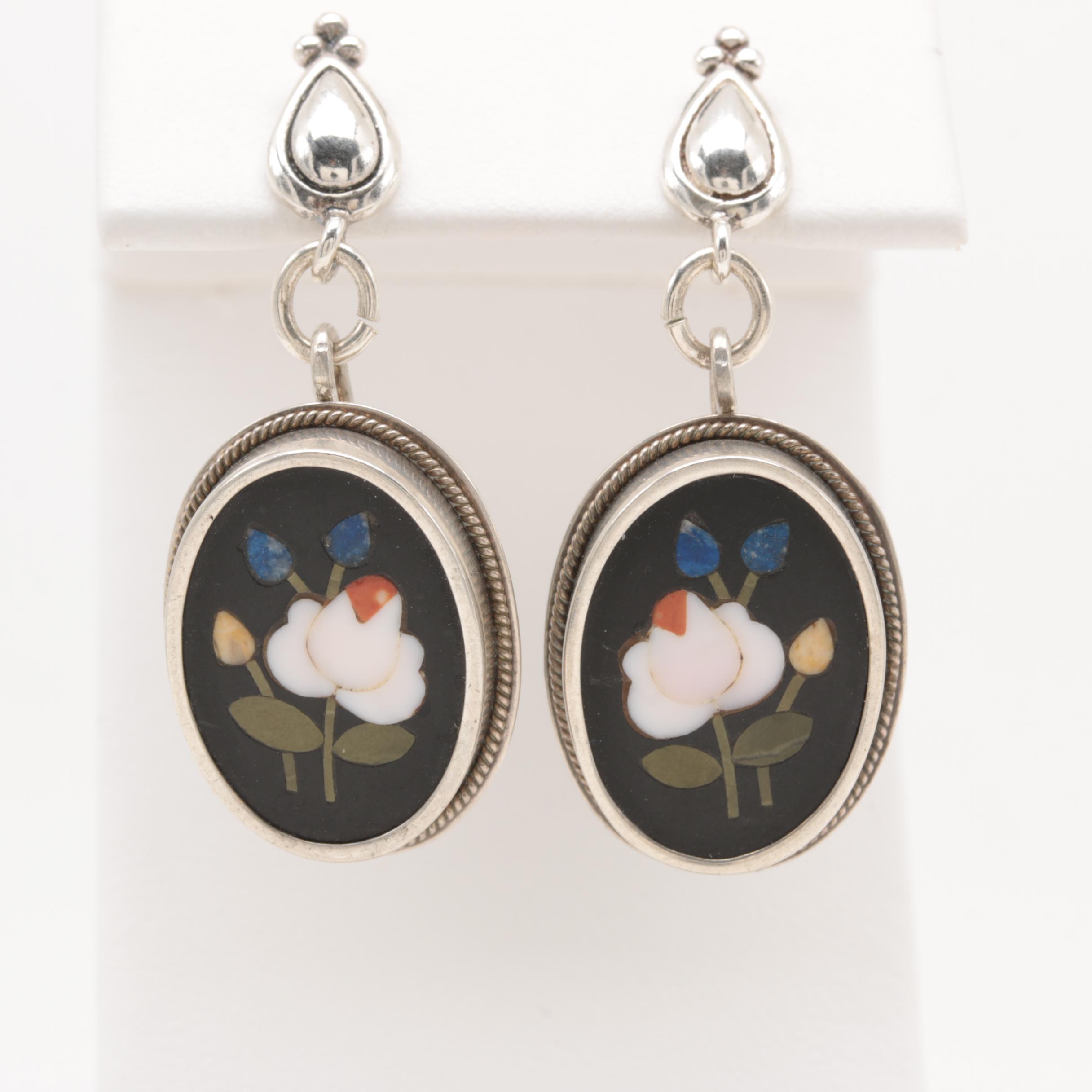 800 Silver Gemstone Pietra Dura Brooch and Earrings